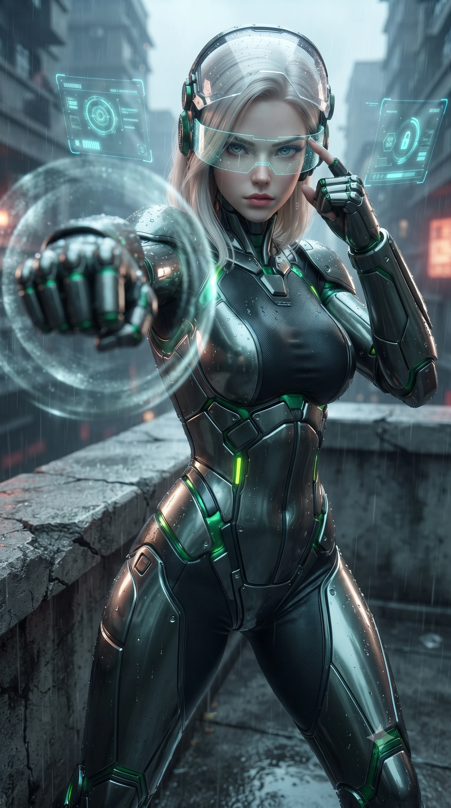 score_9, masterpiece, best quality, ultra-detailed, high-budget anime keyframe, editorial fashion photography, tasteful artistic composition, Caucasian woman. close-up cowboy shot from the waist and thighs up, the character dominates the composition, filling the frame with her large presence. thrusting a high-speed kinetic punch toward the camera, a visible conical shockwave distortion wrapping around her armored forearm while retracting her holographic visor with a flick of her fingers, casting an intense, resolute sovereign gaze into the lens. The surrounding environment is rendered in vivid detail and crisp panoramic clarity. sharp cracked concrete ledge textures, glowing holographic HUD visor glyphs, and rain-slicked carbon armor in deep focus. She has an exceptionally elegant, slender, and willowy female figure with an ultra-slim waist, a gracefully sculpted slender torso, toned flat midriff, and a refined slim silhouette. sharp v-shaped jawline, high-bridge nose, intricate jewel-like eyes with depth, thick eyelashes, glossy lips with a natural sheen, fierce and resolute heroine expression, flawlessly proportioned anatomical accuracy, strict slender model proportions, natural body alignment, perfectly sculpted long slender limbs, ultra-slim waistline, clean dynamic posture without body distortion. wearing a crystal-clear transparent armored riot-visor helmet showing her entire beautiful face and determined expression with pristine clarity, paired with an ultra-sleek high-gloss carbon-composite exoskeleton suit featuring kinetic shock-absorbing shin guards and flexible limb articulation joints in toxic emerald green carbon composite with glowing lime warning channels, made of liquid carbon-jersey fabric accentuating every curve of her tall, slender model proportions, finished with high-mobility flexible armor articulation seams and miniature magnetic locks, the glove-like aerodynamic second-skin fit tightly clinging to her ultra-slender waist and athletic curves without adding bulk, accentuating her razor-sharp statuesque lines and slim hourglass silhouette. surrounded by a majestic, solemn, and fiercely determined lone dystopian savior aura. ultra-reflective glossy finish, specular highlights, dark metallic sheen, high-contrast stereoscopic depth, volumetric dynamic lighting, 2k, ultra detail, master piece, 9:16 ratio
