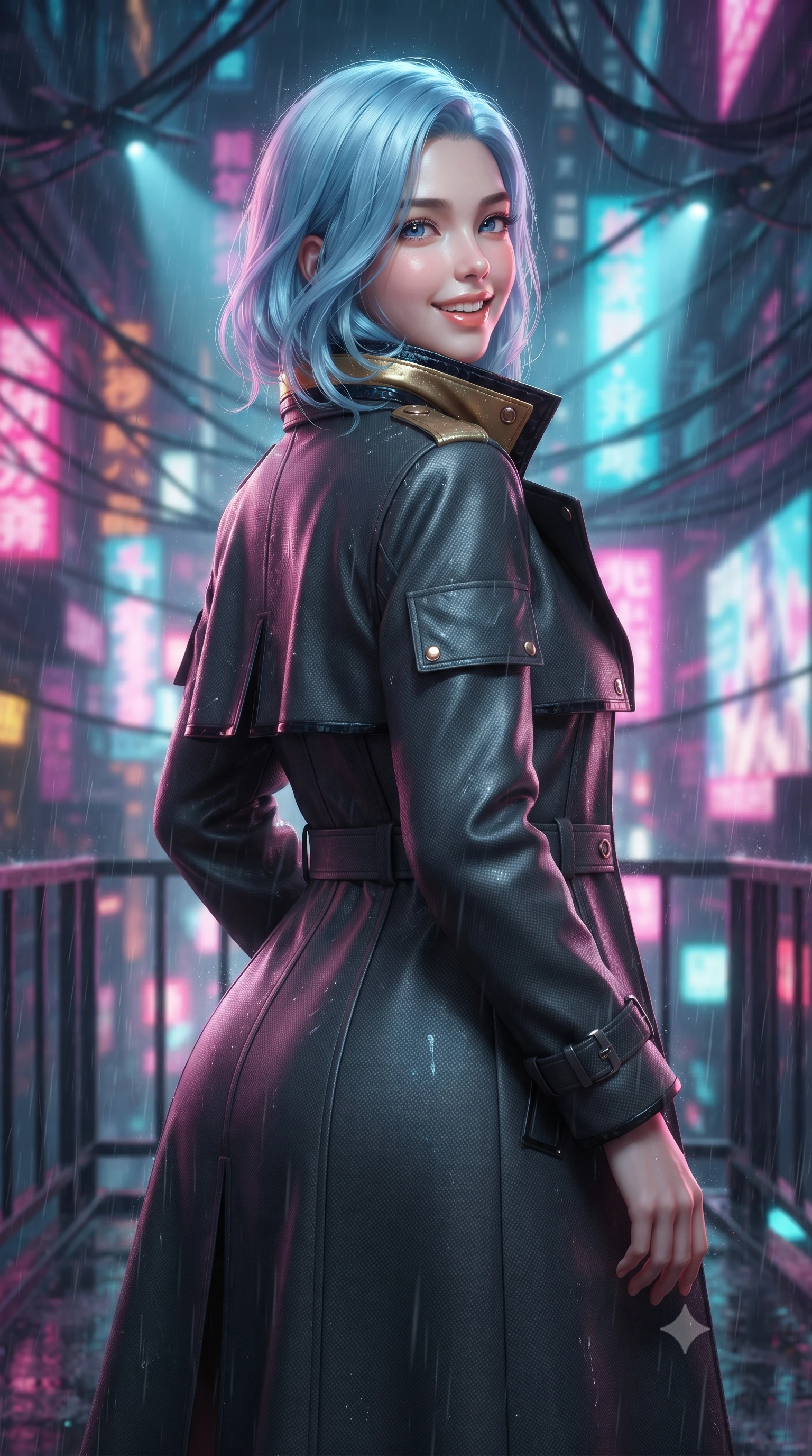score_9, masterpiece, best quality, ultra-detailed, high-budget anime keyframe, editorial fashion photography, tasteful artistic composition, Korean woman. close-up cowboy shot from the waist and thighs up, the character dominates the composition, filling the frame with her large presence. posing in an alluring rear three-quarter angle, looking over a bare shoulder with parted glossy lips, her hips cocked back to highlight her slim hourglass curve while standing poised on the rain-slicked fire escape gantry suspended over the 50-story neon canyon of Neo-Shinjuku, arching her lower back with mysterious siren grace as acid rain sizzles on neon signs. The background shows a soft-focus dense web of glowing fiber-optic cables, dripping neon Kanji signs, and searchlight cones from hovering police drones blurred into fuchsia, turquoise, and amber bokeh. She has an exceptionally elegant, slender, and willowy female figure with an ultra-slim waist, flat toned midriff, narrow ribcage, and sculpted feminine hips creating an alluring, slim hourglass silhouette without bulk. sharp v-shaped jawline, high-bridge nose, intricate jewel-like sparkling eyes with depth, thick eyelashes, glossy parted lips with a natural peach sheen, bright cheerful beaming smile with an enchanting and coquettish sensual glint, exuding both youthful cute charm and seductive allure, flawlessly proportioned anatomical accuracy, strict slender model proportions, natural body alignment, perfectly sculpted long slender limbs, ultra-slim waistline, clean dynamic posture without body distortion. wearing a bespoke tactical commander trench coat in matte carbon-weave with magnetic utility buckles, storm flaps, and high standing collar in singularity accretion gold and space void onyx, woven from structured carbon-fiber jacquard with rich textural depth, finished with sleek magnetic buckle closures fluttering in the breeze, the impeccably tailored cut draping gracefully along her slender figure with aristocratic poise. bathed in multi-colored ambient neon reflections from towering holographic advertisements mixed with cool rain reflections. ultra-reflective glossy finish, specular highlights, rich textural contrasts, high-contrast stereoscopic depth, volumetric dynamic lighting, 2k, ultra detail, master piece, 9:16 ratio