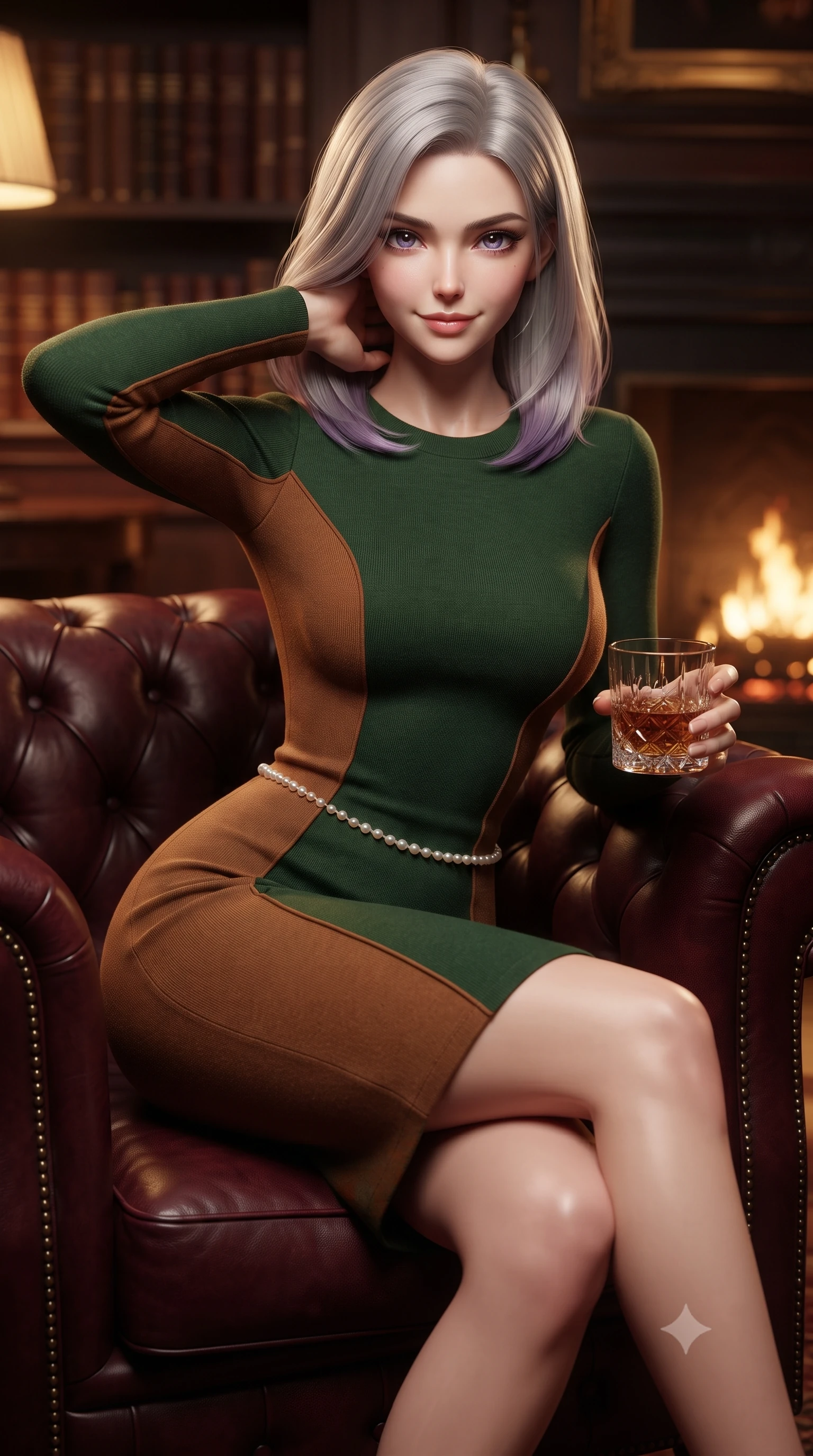 score_9, masterpiece, best quality, ultra-detailed, high-budget anime keyframe, editorial fashion photography, tasteful artistic composition, Caucasian woman. close-up cowboy shot from the waist and thighs up, the character dominates the composition, filling the frame with her large presence. resting one hand lightly behind her neck, arching her back with supermodel poise while beaming with an infectious radiant smile while relaxing comfortably in a deep tufted burgundy Chesterfield armchair with legs crossed, holding a crystal glass with a knowing smile. The background shows a soft-focus shelves of leather-bound club registers softened in exclusive Mayfair sanctuary shallow focus. She has an exceptionally elegant, slender, and willowy female figure with an ultra-slim waist, flat toned midriff, narrow ribcage, and sculpted feminine hips creating an alluring, slim hourglass silhouette without bulk. sharp v-shaped jawline, high-bridge nose, intricate jewel-like sparkling eyes with depth, thick eyelashes, glossy parted lips with a natural peach sheen, bright cheerful beaming smile with an enchanting and coquettish sensual glint, exuding both youthful cute charm and seductive allure, flawlessly proportioned anatomical accuracy, strict slender model proportions, natural body alignment, perfectly sculpted long slender limbs, ultra-slim waistline, clean dynamic posture without body distortion. wearing a sculpted double-faced wool knit dress with sleek architectural seam lines accentuating her flat midriff and feminine hips in heritage British racing green and warm cognac brown, tailored from premium double-knit ponte with sleek sculpting hold and smooth contours, accented with a dainty pearl waist chain catching the ambient sunlight across her sculpted waistline, the liquid-tight tailored fabric clinging flawlessly to her narrow waist and rounded feminine hips, emphasizing every millimeter of her sculpted slim hourglass curves without any bulky heaviness. bathed in the rich, dancing warm 2400K hearth glow from the roaring fireplace mixed with soft brass floor lamp pools. ultra-reflective glossy finish, specular highlights, rich textural contrasts, high-contrast stereoscopic depth, volumetric dynamic lighting, 2k, ultra detail, master piece, 9:16 ratio