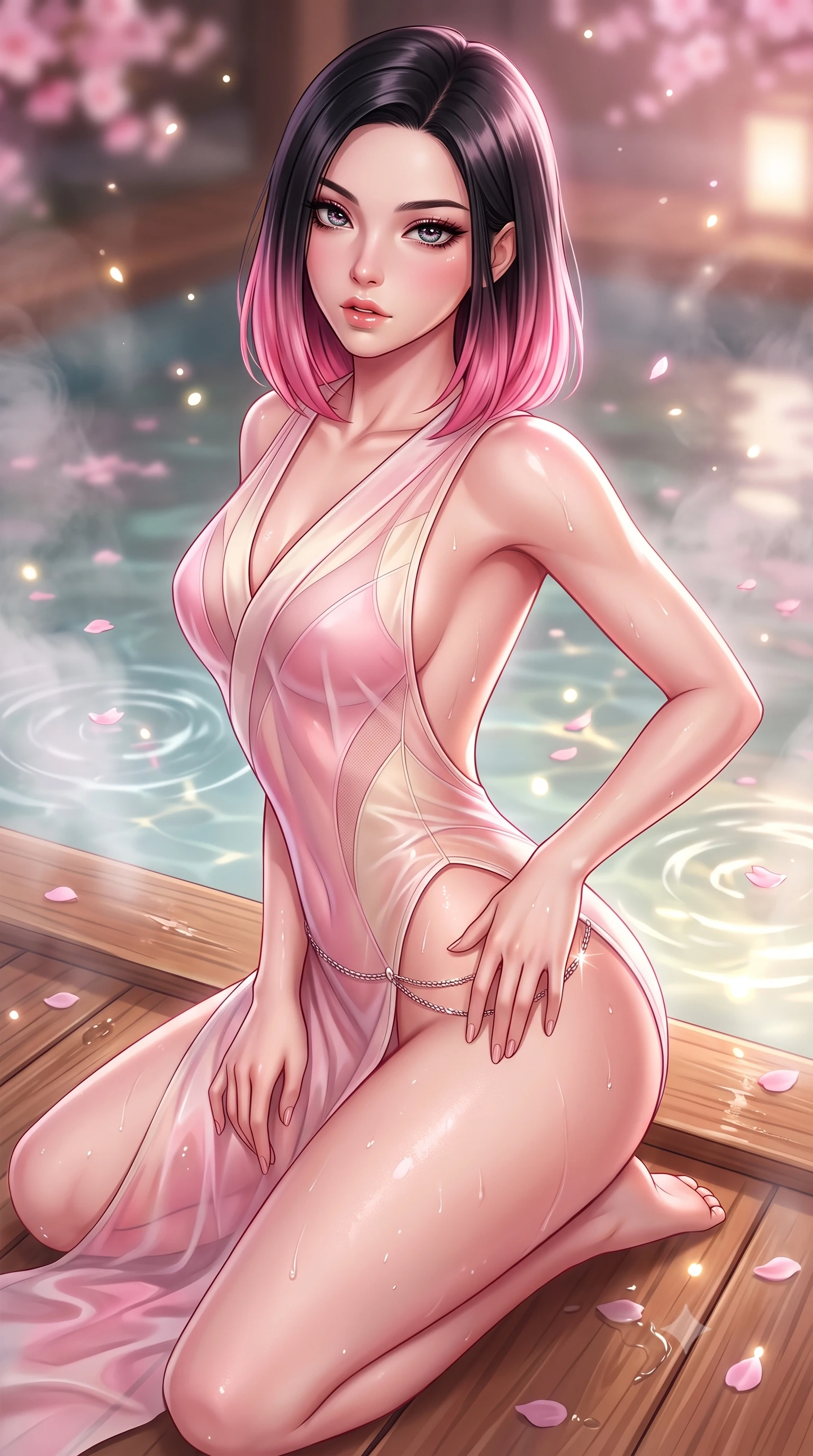score_9, masterpiece, best quality, ultra-detailed, high-budget anime keyframe, semi-realistic 3D game render, editorial fashion photography, tasteful artistic composition, Korean woman. close-up cowboy shot from the waist and thighs up, the character dominates the composition, filling the frame with her large presence. leaning back with relaxed seductive grace, her sculpted collarbones and narrow waist highlighted as she casts smoldering bedroom-eyes directly into the camera while kneeling gracefully on the warm wet cedar deck, one hand resting on her bare hip as thermal steam caresses her feminine curves. The composition keeps background elements in soft focus with creamy bokeh. thermal pool ripple caustics and drifting sakura petals scattering soft luminous light motes. She has an exceptionally elegant, slender, and willowy female figure with an ultra-slim waist, a gracefully sculpted slender torso, toned flat midriff, and rounded feminine hips creating an alluring hourglass silhouette. sharp v-shaped jawline, high-bridge nose, intricate jewel-like eyes with depth, thick eyelashes, glossy parted lips with a natural sheen, intensely captivating and seductive bedroom-eyes expression, flawlessly proportioned anatomical accuracy, strict slender model proportions, natural body alignment, perfectly sculpted long slender limbs, ultra-slim waistline, clean dynamic posture without body distortion. wearing a delicate semi-translucent silk yukata that clings to her wet skin and curvy hip contours in sakura blossom pink and warm ivory, made of sheer contouring power-mesh panels with anatomical curve lines, complemented by a delicate metallic hip chain catching the pool caustics, the precision-cut side openings and low-back scoop framing her graceful spine and the sensual sweep of her hips. bathed in soft pink cherry blossom ambient glow and warm underwater mineral pool lights. highly saturated vibrant anime colors, detailed shading with soft gradients, rich glossy textures, high-contrast stereoscopic depth, volumetric dynamic lighting, master piece, 9:16 ratio
