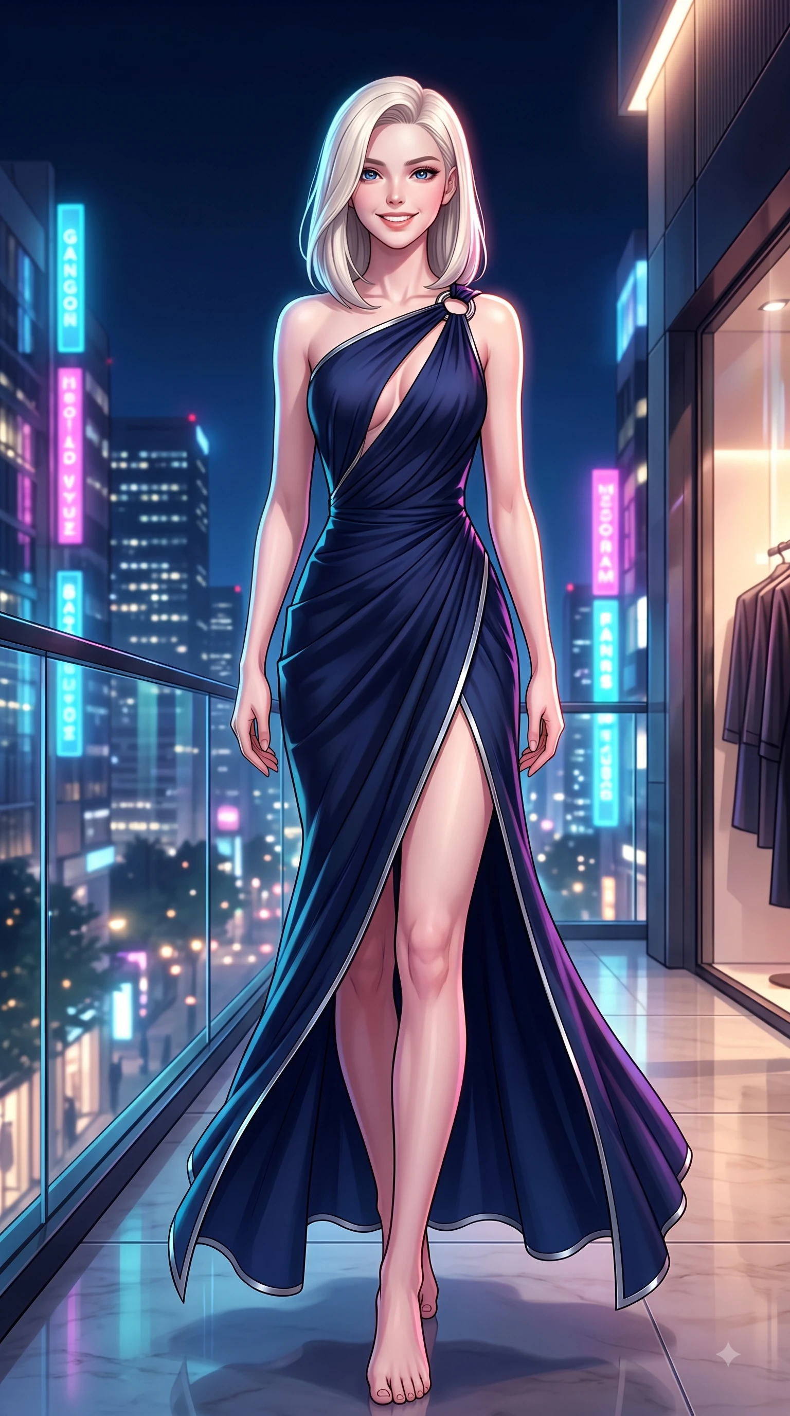 score_9, masterpiece, best quality, ultra-detailed, high-budget anime keyframe, editorial fashion photography, tasteful artistic composition, Caucasian woman. low angle full-body shot from head to toe showing her feet, filling the entire 9:16 vertical frame with her statuesque presence, stretching her vertical silhouette. forging dynamically through the scene with a fresh infectious smile, her ultra-slim waist creating a sweeping curve while stepping gracefully through a luxury fashion boutique in Gangnam with a chic, magnetic posture, glistening city skyline lights and neon tower signs twinkling softly through glass railings. She has an absolutely perfect, statuesque 8.5-heads proportion, an exceptionally tall and slender model-like female figure with impossibly long slender legs and an ultra-slim waist. sharp v-shaped jawline, high-bridge nose, intricate jewel-like eyes with depth, thick eyelashes, glossy lips with a natural sheen, flawlessly proportioned anatomical accuracy, natural body alignment, perfectly sculpted elegant limbs, clean dynamic posture without body distortion. wearing an asymmetrical Grecian draped chiffon gown with a metallic shoulder ring in midnight navy blue and chrome trim, formed from sleek second-skin neoprene, accented with a Tasteful chest slit framing her clavicle gracefully, the tailored fabric tightly following every curve of her athletic build. illuminated by vibrant neon skyline glow and clear specular rim highlights. highly saturated vibrant anime colors, detailed shading with soft gradients, rich glossy textures, high-contrast stereoscopic depth, volumetric dynamic lighting, master piece, 9:16 ratio