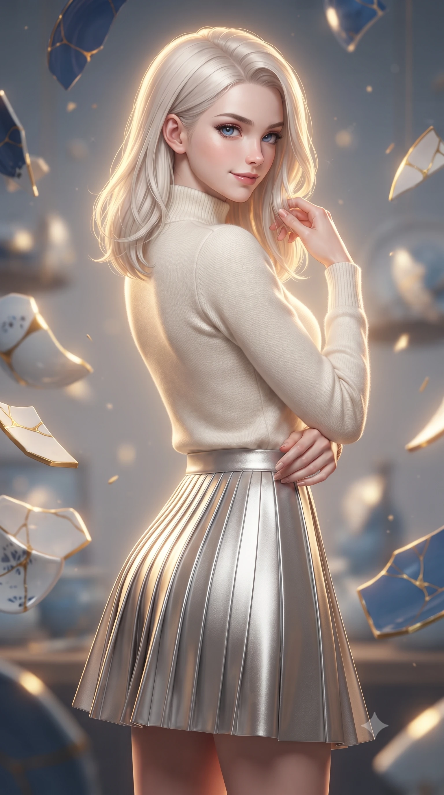 score_9, masterpiece, best quality, ultra-detailed, high-budget anime keyframe, editorial fashion photography, tasteful artistic composition, Caucasian woman woman. close-up cowboy shot from the waist and thighs up, the character dominates the composition, filling the frame with her large presence, background elements kept in soft focus. She has an exceptionally elegant, slender, and willowy female figure with an ultra-slim waist, a gracefully sculpted slender torso, and a refined silhouette. glancing sidelong over her shoulder with a smoldering, magnetic half-smile, flawlessly proportioned anatomical accuracy, natural body alignment, perfectly sculpted elegant limbs, clean dynamic posture without body distortion. set against a soft-focus background of a floating blue porcelain workshop with levitating kintsugi shards. wearing an elegant high-neck cashmere sweater with a pleated metallic silver A-line skirt. bathed in gold ethereal light radiating from gold cracks in floating ceramics with intense inner glow. ultra-reflective glossy finish, specular highlights, metallic sheen, high-contrast stereoscopic depth, volumetric dynamic lighting, 2k, ultra detail, master piece, 9:16 ratio