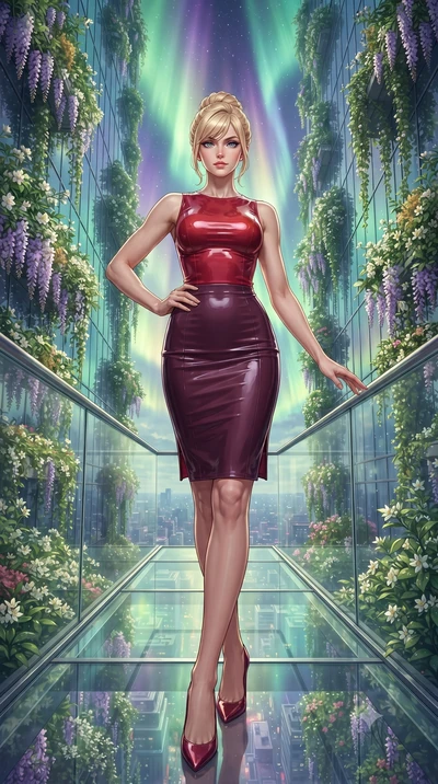 score_9, masterpiece, best quality, ultra-detailed, high-budget anime keyframe, editorial fashion photography, tasteful artistic composition, Caucasian woman, strictly human ears. low angle full-body shot from head to toe showing her feet, filling th