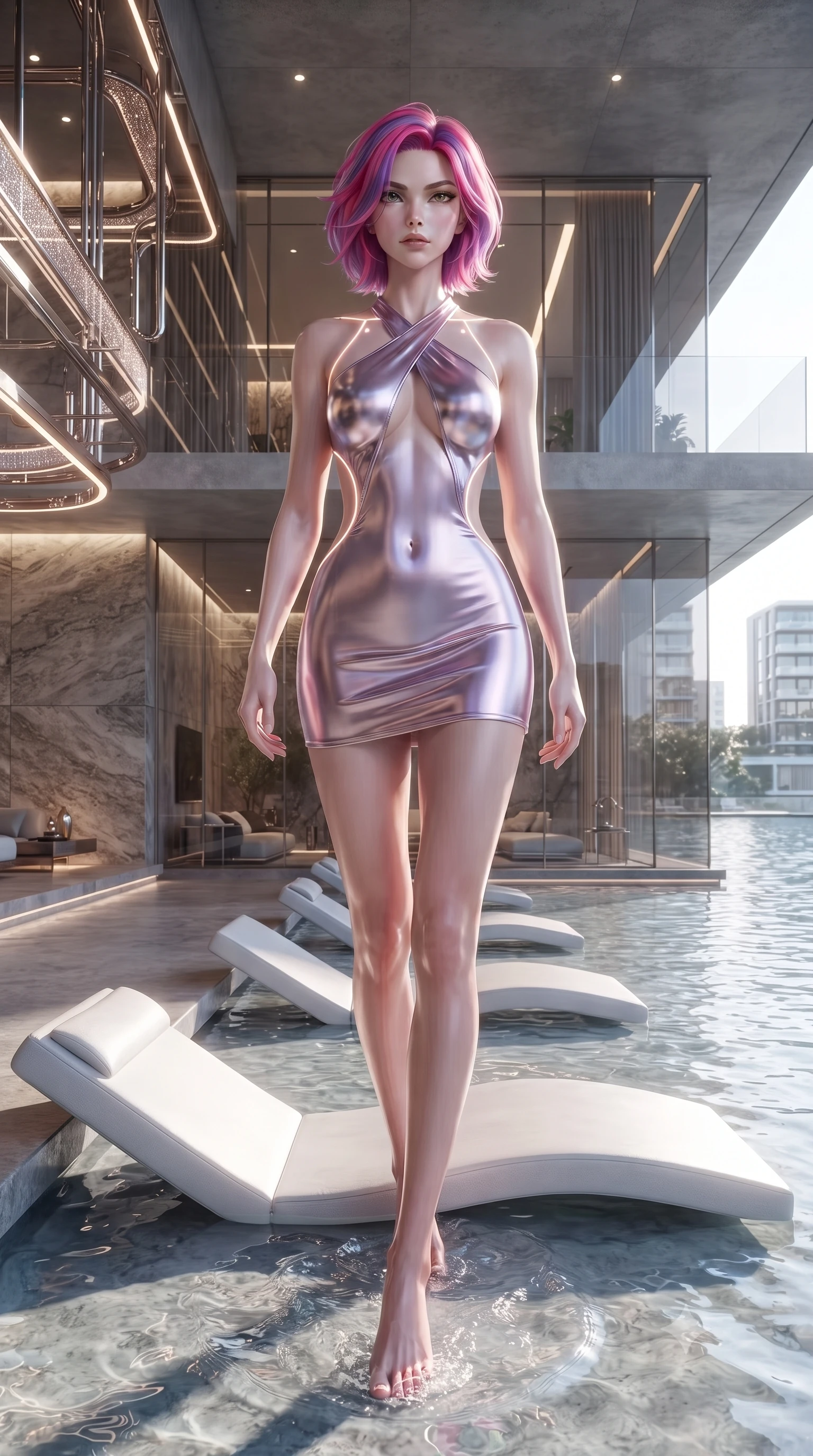 score_9, masterpiece, best quality, ultra-detailed, high-budget anime keyframe, editorial fashion photography, tasteful artistic composition, Caucasian woman. low angle full-body shot from head to toe showing her feet, filling the entire 9:16 vertical frame with her statuesque presence, stretching her vertical silhouette. striding forward in a proud, statuesque motion with a dangerous smolder, her vertical silhouette dominating the frame from head to toe while lounging gracefully on a floating white lounger as clear shallow water ripples around her slender ankles. The surrounding environment is rendered in vivid detail and crisp panoramic clarity. rich luminous architectural materials rendered with high environmental sharpness. She has an absolutely perfect, statuesque 8.5-heads proportion, an exceptionally tall and slender model-like female figure with impossibly long slender legs, a toned flat midriff, and an ultra-slim waist. sharp v-shaped jawline, high-bridge nose, intricate jewel-like eyes with depth, thick eyelashes, glossy lips with a natural sheen, flawlessly proportioned anatomical accuracy, strict slender model proportions, natural body alignment, perfectly sculpted long slender limbs, ultra-slim waistline, clean dynamic posture without body distortion. wearing a molten silver liquid-metal mini dress featuring deep side-waist cutouts and a daring crossover halter neckline in luminous lavender violet and rose gold, made of liquid metal jersey that clings flawlessly to every contour of her build, accented with glowing fiber-optic seams tracing her collarbones and hip curves, the sleek second-skin cut tightly hugging her graceful clavicle, narrow waist, and feminine curves with athletic precision. surrounded by an opulent, luminous, and enchantingly seductive contemporary pavilion ambiance. ultra-reflective glossy finish, specular highlights, metallic sheen, high-contrast stereoscopic depth, volumetric dynamic lighting, 2k, ultra detail, master piece, 9:16 ratio