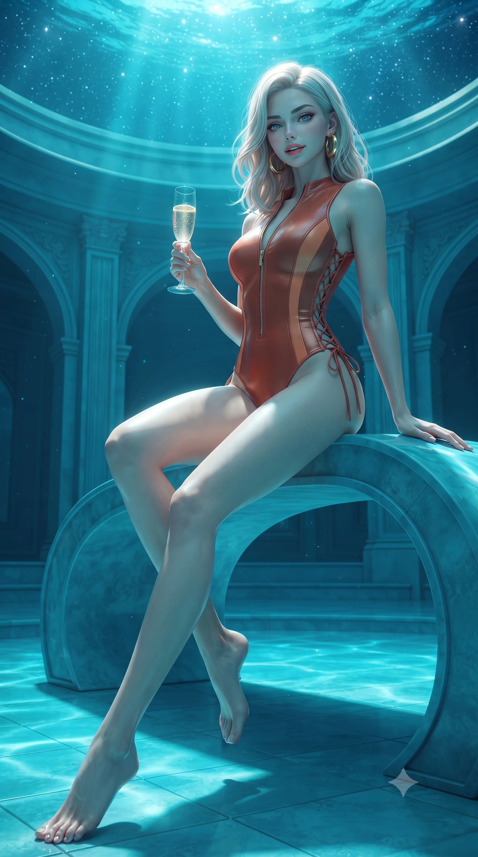 score_9, masterpiece, best quality, ultra-detailed, high-budget anime keyframe, editorial fashion photography, tasteful artistic composition, Caucasian woman. low angle full-body shot from head to toe showing her feet, filling the entire 9:16 vertical frame with her statuesque presence, stretching her vertical silhouette. stepping slowly toward the camera with hypnotic grace, hips swaying in an alluring sensual rhythm that accentuates her curvy hourglass silhouette and long slender legs while perched sideways on the submerged contoured bench with legs extended, holding a crystal flute of vintage champagne with effortless glamour. The surrounding environment is rendered in vivid detail and crisp panoramic clarity: detailed wet-look vinyl strapless swimsuit cling, gold hoop earrings gleam, and daring cantilever engineering in razor-sharp precision. She has an absolutely perfect, statuesque 8.5-heads proportion, an exceptionally tall and slender model-like female figure with impossibly long slender legs, an ultra-slim waist, a flat toned midriff, narrow delicate ribcage, and beautifully sculpted feminine hips creating a graceful, slim hourglass silhouette without any bulky heaviness. sharp v-shaped jawline, high-bridge nose, sparkling eyes with hypnotic seductive depth, thick curled eyelashes, glossy parted lips with a natural dewy peach sheen, alluring bedroom-eyes with an enchanting coquettish smile, exuding magnetic siren charisma and sophisticated glamour, flawlessly proportioned anatomical accuracy, strict slender model proportions, natural body alignment, perfectly sculpted long slender limbs, ultra-slim waistline, clean dynamic posture without body distortion. wearing a form-contouring wet-look neoprene zip-front maillot with high-cut leg openings and racing side stripes in sun-drenched Tuscan terracotta and burnished copper, tailored from fine structural neoprene with crisp architectural edges and smooth contouring, featuring fine criss-cross lace-up side ties revealing tantalizing glimpses of her hip curve, the second-skin tailored fabric adhering flawlessly to her sculpted flat midriff and slender torso, emphasizing her long leg lines and perfectly proportioned willowy build. bathed in vivid underwater cyan and turquoise LED light combined with crisp celestial starlight. ultra-reflective glossy finish, specular highlights, rich textural contrasts, high-contrast stereoscopic depth, volumetric dynamic lighting, 2k, ultra detail, master piece, 9:16 ratio