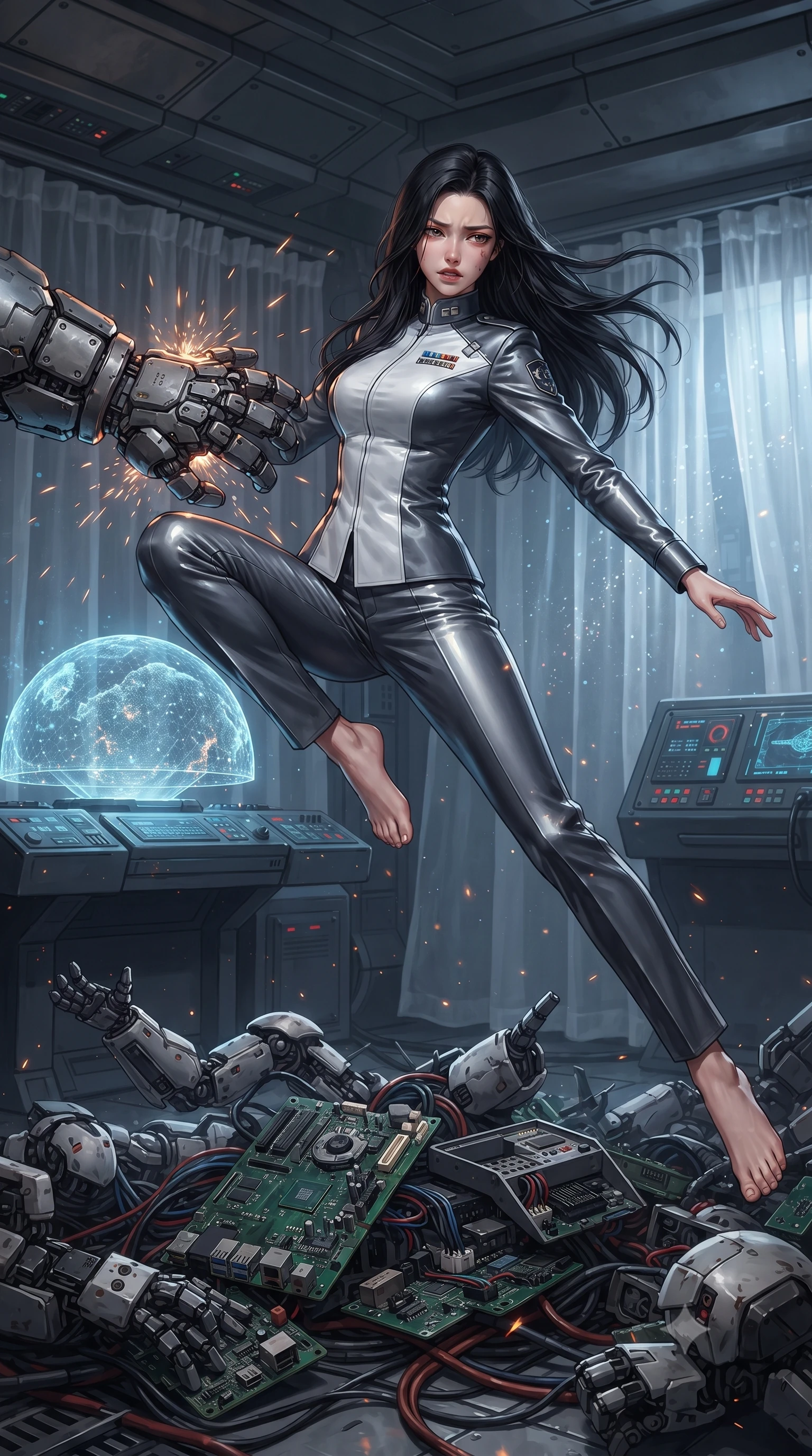 score_9, masterpiece, best quality, ultra-detailed, high-budget anime keyframe, editorial fashion photography, tasteful artistic composition, realistic cosplay photography, Korean woman. low angle full-body shot from head to toe showing her feet, filling the entire 9:16 vertical frame with her statuesque presence, stretching her vertical silhouette. acrobatically dodging a heavy mech's swipe by vaulting off a pile of cybernetic debris through a secure bunker containing the controls for a planetary shield, a holographic projection of the shield dome flickering. She has a statuesque 8.5-heads proportion, an exceptionally tall, slender and willowy model-like build with impossibly long legs and a highly sculpted ultra-slim waist. sharp v-shaped jawline, high-bridge nose, intricate jewel-like eyes with depth, thick eyelashes, glossy lips with a natural sheen. wearing catching and diffusing the glowing particles, shimmering softly in response to the surrounding light, a slim-fit orbital colony command uniform in dark grey and white paneling, featuring a high collar with rank pins and matching tailored trousers. cold silver moonlight filtered through translucent gossamer curtains casting delicate shadows. ultra-reflective glossy finish, specular highlights, metallic sheen, high-contrast stereoscopic depth, volumetric dynamic lighting, 2k, ultra detail, master piece, 9:16 ratio