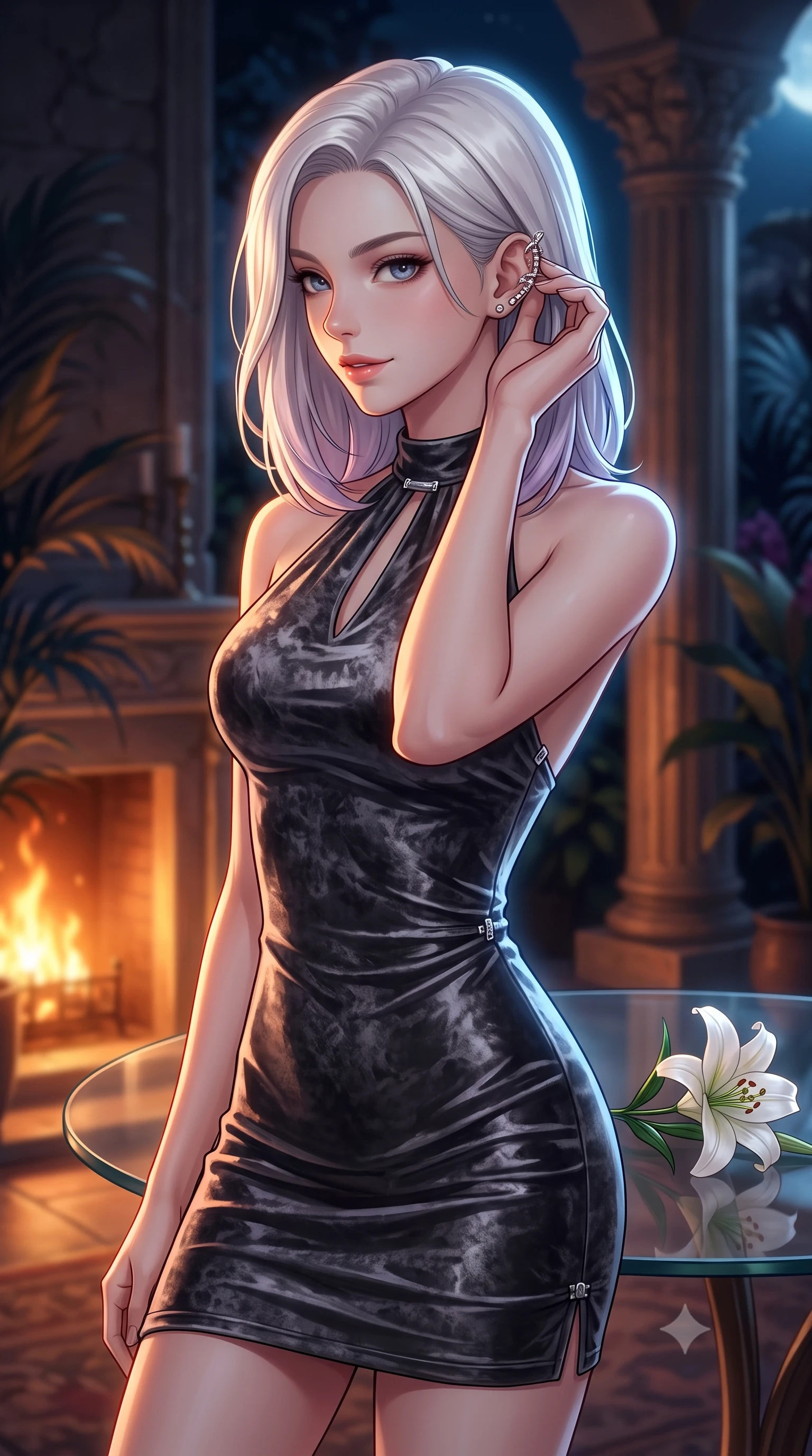 score_9, masterpiece, best quality, ultra-detailed, high-budget anime keyframe, editorial fashion photography, tasteful artistic composition, Caucasian woman. close-up cowboy shot from the waist and thighs up, the character dominates the composition, filling the frame with her large presence, background elements kept in soft focus. adjusting her delicate ear cuff with a captivating half-smile, her profile highlighted by a dramatic rim light set against a soft-focus background of inside an exclusive moonlit garden terrace with a single long-stemmed white lily resting against a polished glass surface. She has an exceptionally elegant, slender, and willowy female figure with an ultra-slim waist, a gracefully sculpted slender torso, and a refined silhouette. sharp v-shaped jawline, high-bridge nose, intricate jewel-like eyes with depth, thick eyelashes, glossy lips with a natural sheen. wearing body-hugging charcoal crushed velvet form-contouring cashmere halter dress tracing her statuesque physique accented with delicate silver hardware. bathed in cozy, flickering fireplace light that paints the room in a warm orange wash. highly saturated vibrant anime colors, detailed shading with soft gradients, rich glossy textures, high-contrast stereoscopic depth, volumetric dynamic lighting, master piece, 9:16 ratio