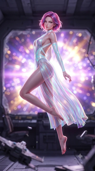 score_9, masterpiece, best quality, ultra-detailed, high-budget anime keyframe, semi-realistic 3D game render, editorial fashion photography, tasteful artistic composition, Caucasian woman. low angle full-body shot from head to toe showing her feet, 