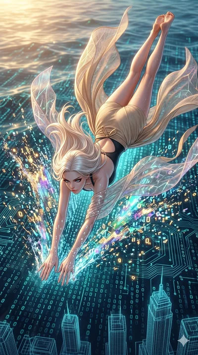 score_9, masterpiece, best quality, ultra-detailed, photorealistic 8k CG, hyper-detailed textures, ray-tracing, Korean woman. Extreme high angle shot as she leaps towards the camera, filling the frame. diving into a digital ocean of binary code, crea
