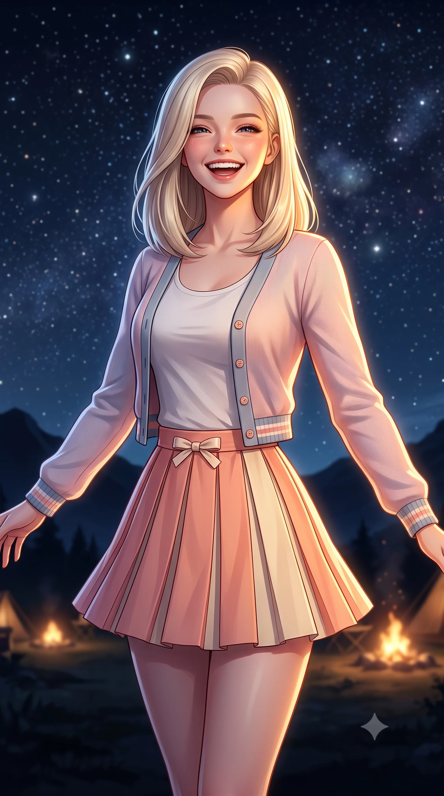 score_9, masterpiece, best quality, ultra-detailed, high-budget anime keyframe, semi-realistic 3D game render, editorial fashion photography, tasteful artistic composition, Caucasian woman. close-up cowboy shot from the waist and thighs up, the character dominates the composition, filling the frame with her large presence. laughing cheerfully with genuine delight, eyes crinkling sweetly as natural golden sunlight illuminates her glowing cheeks while standing poised against a majestic starlit night sky with arms gently outstretched in peaceful wonder. The composition keeps background elements in soft focus with creamy bokeh. dark mountain silhouettes and distant campsite campfires softened in smooth nocturnal depth of field. She has an exceptionally elegant, slender, and willowy female figure with an ultra-slim waist, a gracefully sculpted slender torso, toned flat midriff, and a refined slim silhouette. sharp v-shaped jawline, high-bridge nose, intricate jewel-like eyes with depth, thick eyelashes, glossy lips with a natural sheen, pure and lovely fresh girlhood expression, flawlessly proportioned anatomical accuracy, strict slender model proportions, natural body alignment, perfectly sculpted long slender limbs, ultra-slim waistline, clean dynamic posture without body distortion. wearing a chic pastel varsity cardigan over a simple white scoop-neck tee and a pleated mini skirt in warm peach blossom pink and champagne ivory, tailored from crisp organic cotton poplin, accented with a dainty ribbon bow at the waistline, the body-hugging lightweight knit clinging delicately to her slender torso, accentuating her graceful neck and feminine lines. illuminated by soft celestial starlight and lantern rim light defining her slender, elegant silhouette. highly saturated vibrant anime colors, detailed shading with soft gradients, rich glossy textures, high-contrast stereoscopic depth, volumetric dynamic lighting, master piece, 9:16 ratio