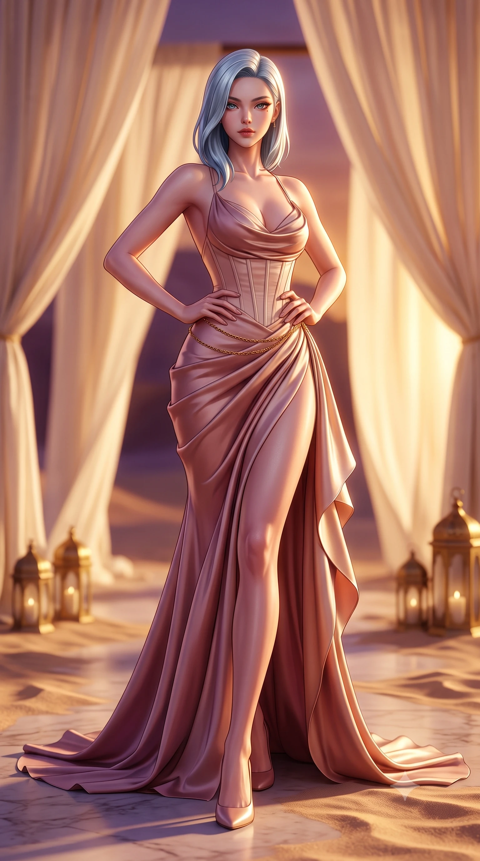 score_9, masterpiece, best quality, ultra-detailed, high-budget anime keyframe, semi-realistic 3D game render, editorial fashion photography, tasteful artistic composition, Korean woman. low angle full-body shot from head to toe showing her feet, filling the entire 9:16 vertical frame with her statuesque presence, stretching her vertical silhouette. striding forward in a proud supermodel runway stride, hips swaying in an alluring kinetic rhythm that accentuates her curvy hourglass silhouette while standing poised on the sand-swept marble terrace with hands on her hips, turning in an alluring contrapposto stance in the warm desert breeze. The composition keeps background elements in soft focus with creamy bokeh. billowing cream linen shade drapes and brass lanterns softened in exotic desert shallow focus. She has an exceptionally tall and slender model-like 8.5-heads proportion, an ultra-slim waist, a flat toned midriff, narrow delicate ribcage, and beautifully sculpted feminine hips creating a graceful, slim hourglass silhouette without any bulky heaviness, with impossibly long slender legs. sharp v-shaped jawline, high-bridge nose, intricate jewel-like eyes with depth, thick eyelashes, glossy parted lips with a natural sheen, intensely captivating and seductive bedroom-eyes expression, flawlessly proportioned anatomical accuracy, strict slender model proportions, natural body alignment, perfectly sculpted long slender limbs, ultra-slim waistline, clean dynamic posture without body distortion. wearing an open-back duchess satin gala gown with a dramatic hip-hugging drape and cascading trailing hem in dusky blush rose and champagne shimmer, made of fluid silk crepe with delicate inner corsetry boning, accented with a delicate gold chain belt resting loosely on her curvy hips, the glove-like aerodynamic silhouette tightly following the natural contour of her hips and long slender legs with statuesque 8.5-heads elegance. bathed in breathtaking desert sunset backlighting in molten gold and deep violet tones. highly saturated vibrant anime colors, detailed shading with soft gradients, rich glossy textures, high-contrast stereoscopic depth, volumetric dynamic lighting, master piece, 9:16 ratio