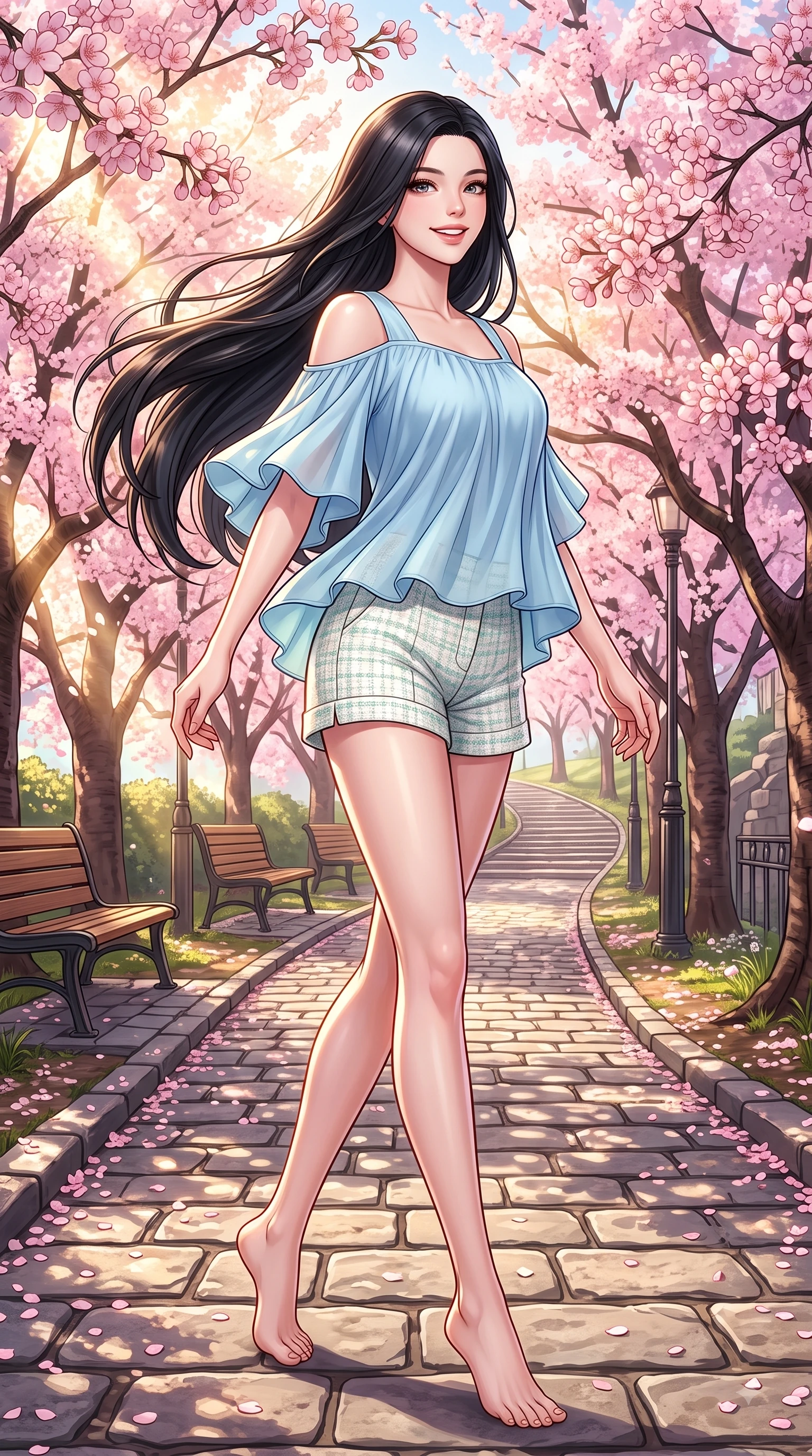 score_9, masterpiece, best quality, ultra-detailed, high-budget anime keyframe, editorial fashion photography, tasteful artistic composition, Korean woman. low angle full-body shot from head to toe showing her feet, filling the entire 9:16 vertical frame with her statuesque presence, stretching her vertical silhouette. pivoting dynamically with a fresh infectious smile, her ultra-slim waist creating a sweeping fluid curve while walking up a gentle hill path lined with blooming sakura cherry trees in full spring bloom. The surrounding environment is rendered in vivid detail and crisp panoramic clarity. delicate cherry blossom petal clusters, wooden park benches, and historic hill paths in crisp detail. She has an absolutely perfect, statuesque 8.5-heads proportion, an exceptionally tall and slender model-like female figure with impossibly long slender legs and an ultra-slim waist. sharp v-shaped jawline, high-bridge nose, intricate jewel-like eyes with depth, thick eyelashes, glossy lips with a natural sheen, flawlessly proportioned anatomical accuracy, natural body alignment, perfectly sculpted elegant limbs, clean dynamic posture without body distortion. wearing a light blue off-shoulder chiffon blouse paired with tailored ivory shorts in refreshing mint green and crisp white, tailored from soft pastel tweed with subtle metallic thread, featuring elegant flutter sleeves and a graceful square neckline, the soft airy drape swaying gracefully with her dynamic movements. bathed in bright morning sunbeams and warm golden sakura backlighting. highly saturated vibrant anime colors, detailed shading with soft gradients, rich glossy textures, high-contrast stereoscopic depth, volumetric dynamic lighting, master piece, 9:16 ratio