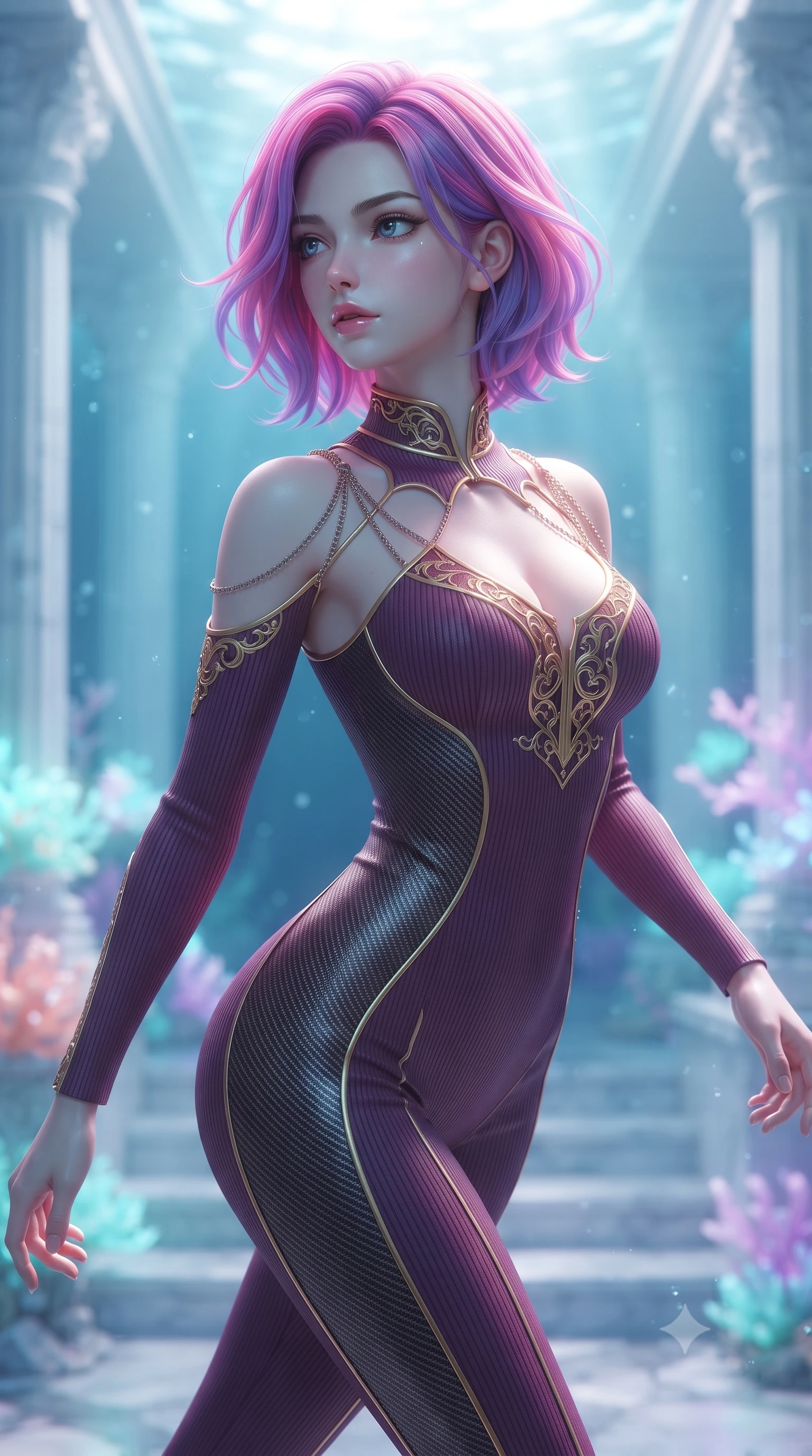 score_9, masterpiece, best quality, ultra-detailed, high-budget anime keyframe, editorial fashion photography, tasteful artistic composition, Caucasian woman. close-up cowboy shot from the waist and thighs up, the character dominates the composition, filling the frame with her large presence, background elements kept in soft focus. Gazing past the camera with an air of effortless elegance and mysterious confidence floating gracefully through a sunken white marble colonnade underwater, glowing coral blossoms emitting soft aqua and lavender light. She has an exceptionally elegant, slender, and willowy female figure with an ultra-slim waist, a gracefully sculpted slender torso, and a refined silhouette. sharp v-shaped jawline, high-bridge nose, intricate jewel-like eyes with depth, thick eyelashes, glossy lips with a natural sheen. wearing a form-fitting ribbed activewear set with collar cutouts in plum purple and gold filigree, made of fine carbon-fiber weave and soft matte leather, adorned with delicate metallic chain straps along the neckline, the form-contouring material highlighting her ultra-slim waist and long lines. lit by clear sun-drenched sea light with soft ethereal shadows. highly saturated vibrant anime colors, detailed shading with soft gradients, rich glossy textures, high-contrast stereoscopic depth, volumetric dynamic lighting, master piece, 9:16 ratio