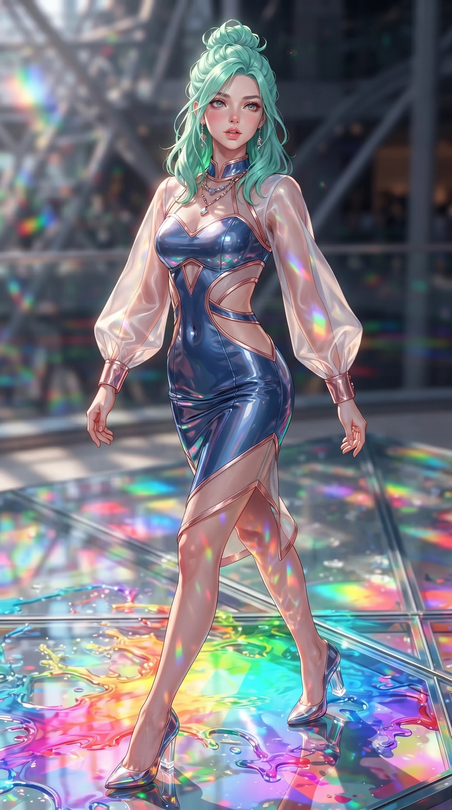 score_9, masterpiece, best quality, ultra-detailed, high-budget anime keyframe, editorial fashion photography, tasteful artistic composition, Japanese woman. close-up cowboy shot from the waist and thighs up, the character dominates the composition, filling the frame with her large presence, background elements kept in soft focus. Tilting her chin up slightly with lips parted in a magnetic, composed expression stepping across a reflective glass floor drenched in vibrant fluid splashes, a kaleidoscope of refractions forming geometric light patterns on her skin. She has an exceptionally elegant, slender, and willowy female figure with an ultra-slim waist, a gracefully sculpted slender torso, and a refined silhouette. sharp v-shaped jawline, high-bridge nose, intricate jewel-like eyes with depth, thick eyelashes, glossy lips with a natural sheen. wearing a sleek bodycon knit dress with sheer organza sleeve panels in pearl white and rose gold, tailored from high-gloss patent leather, featuring clean architectural cutouts along her slender torso, the form-contouring material highlighting her ultra-slim waist and long lines. illuminated by brilliant multi-color rainbow light refracting through glass. highly saturated vibrant anime colors, detailed shading with soft gradients, rich glossy textures, high-contrast stereoscopic depth, volumetric dynamic lighting, master piece, 9:16 ratio