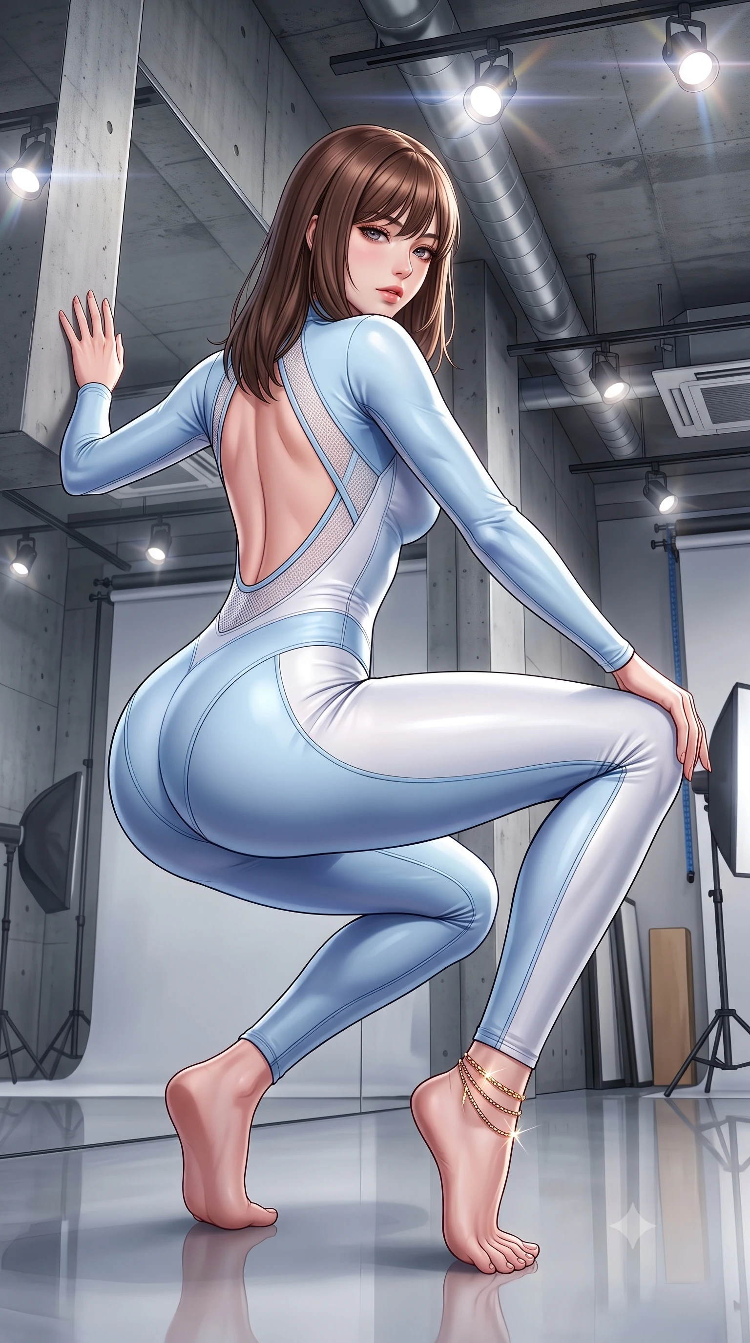 score_9, masterpiece, best quality, ultra-detailed, high-budget anime keyframe, semi-realistic 3D game render, editorial fashion photography, tasteful artistic composition, Korean woman. low angle full-body shot from head to toe showing her feet, filling the entire 9:16 vertical frame with her statuesque presence, stretching her vertical silhouette. leaning deep against the structural architecture with hips cocked in an unapologetically bold, seductive high-fashion stance while crouching in a low, balanced dancer plié on the reflective floor, her athletic feminine curves and toned hips creating a breathtaking line. The surrounding environment is rendered in vivid detail and crisp panoramic clarity. detailed muscle definition, fabric stretch tension lines, and studio spotlight fixtures in high clarity. She has an absolutely perfect, statuesque 8.5-heads proportion, an exceptionally tall and slender model-like female figure with impossibly long slender legs, a toned flat midriff, an ultra-slim waist, and beautifully sculpted feminine hips. sharp v-shaped jawline, high-bridge nose, intricate jewel-like eyes with depth, thick eyelashes, glossy parted lips with a natural sheen, intensely captivating and seductive bedroom-eyes expression, flawlessly proportioned anatomical accuracy, strict slender model proportions, natural body alignment, perfectly sculpted long slender limbs, ultra-slim waistline, clean dynamic posture without body distortion. wearing an aerodynamic compression bodysuit featuring a wide open back and reinforced hip contour seams in icy powder blue and pearl white, tailored from breathable technical athletic mesh and liquid-finish track nylon, complemented by a delicate gold chain anklet catching studio spotlights, the form-contouring material adhering flawlessly to her sculpted flat midriff and slender torso, emphasizing her long leg lines and perfectly proportioned willowy build. surrounded by a disciplined, sensual, and exquisitely graceful haute-couture dancer aura. highly saturated vibrant anime colors, detailed shading with soft gradients, rich glossy textures, high-contrast stereoscopic depth, volumetric dynamic lighting, master piece, 9:16 ratio
