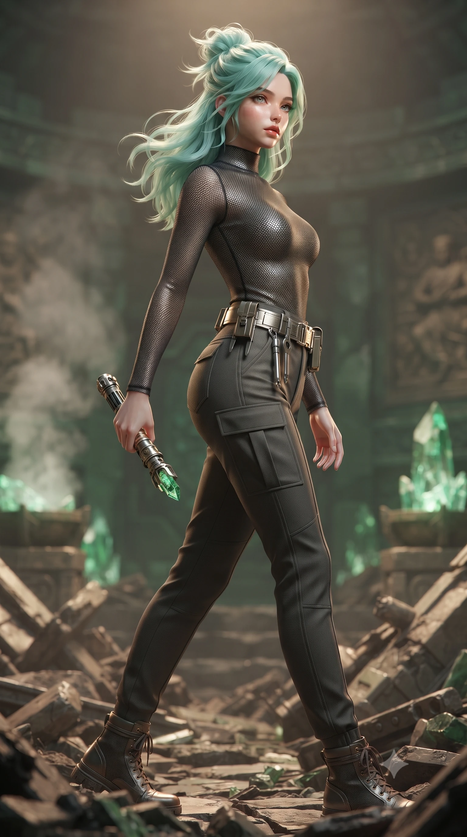 score_9, masterpiece, best quality, ultra-detailed, high-budget anime keyframe, editorial fashion photography, tasteful artistic composition, Japanese woman. low angle full-body shot from head to toe showing her feet, filling the entire 9:16 vertical frame with her statuesque presence, stretching her vertical silhouette. stepping gracefully through battlefield debris with a glowing saber hilt in hand, looking back over her shoulder, the background shows a soft-focus a jade stone sanctuary chamber with steam vents and green crystal lamps. She has an absolutely perfect, statuesque 8.5-heads proportion, an exceptionally tall and slender model-like female figure with impossibly long slender legs and an ultra-slim waist. sharp v-shaped jawline, high-bridge nose, intricate jewel-like eyes with depth, thick eyelashes, glossy lips with a natural sheen. wearing a body-hugging high-neck carbon-mesh tactical shirt tucked into structured combat trousers with metallic utility belts. low-contrast, soft warm ambient uplight casting a peaceful, gold glow. ultra-reflective glossy finish, specular highlights, metallic sheen, high-contrast stereoscopic depth, volumetric dynamic lighting, 2k, ultra detail, master piece, 9:16 ratio