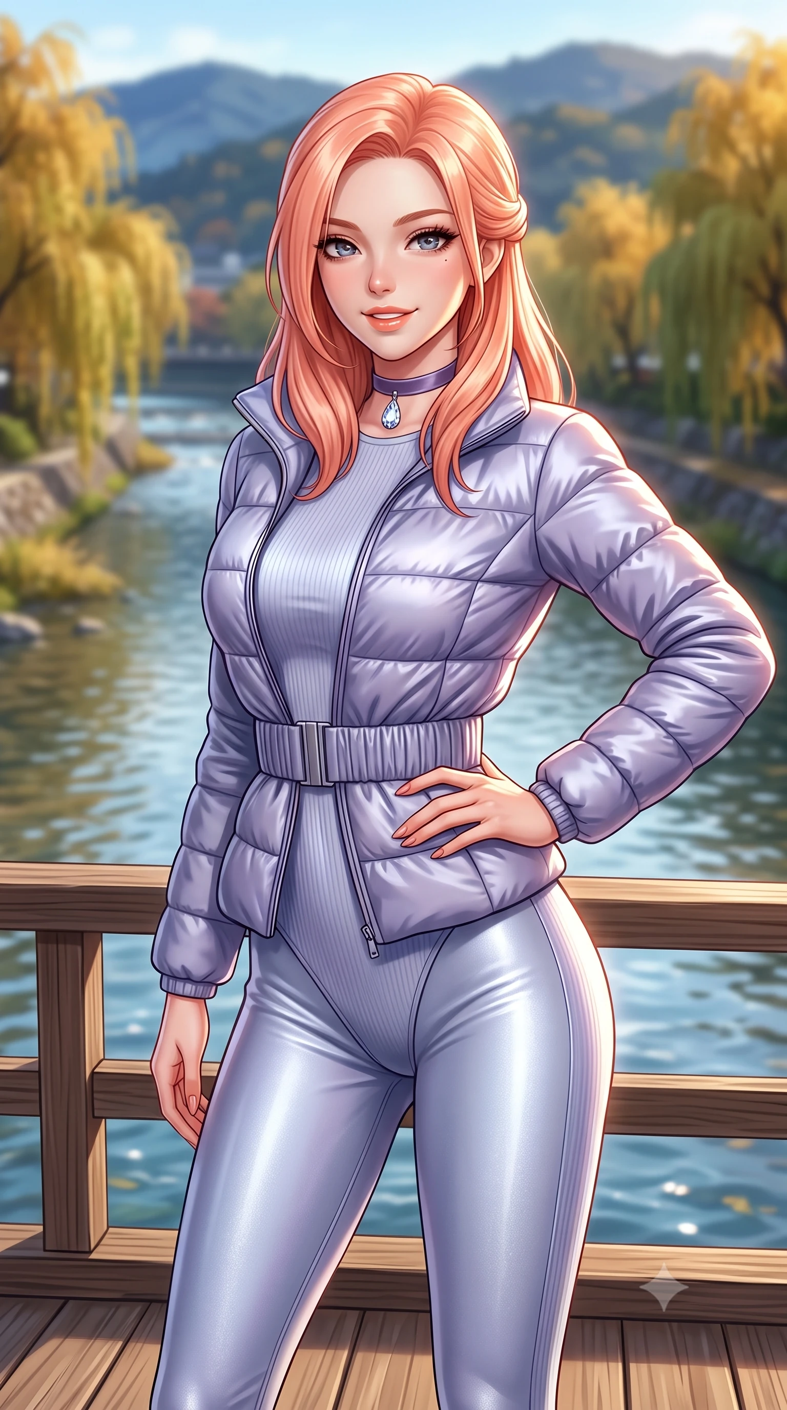 score_9, masterpiece, best quality, ultra-detailed, high-budget anime keyframe, semi-realistic 3D game render, editorial fashion photography, tasteful artistic composition, Japanese woman. close-up cowboy shot from the waist and thighs up, the character dominates the composition, filling the frame with her large presence. arching her lower back slightly with one hand resting on her sculpted hip, looking into the camera with an enchanting and coquettish smile while standing poised on the wooden kawayuka deck suspended over the clear riverbank, looking out at autumn willows with a bright, beaming smile. The background shows a soft-focus clear flowing Kamogawa river waters, weeping willow trees turning gold along riverbanks, and distant Higashiyama hills blurred into indigo, golden olive, and slate bokeh. She has an exceptionally elegant, slender, and willowy female figure with an ultra-slim waist, flat toned midriff, narrow ribcage, and sculpted feminine hips creating an alluring, slim hourglass silhouette without bulk. sharp v-shaped jawline, high-bridge nose, intricate jewel-like sparkling eyes with depth, thick eyelashes, glossy parted lips with a natural peach sheen, bright cheerful beaming smile with an enchanting and coquettish sensual glint, exuding both youthful cute charm and seductive allure, flawlessly proportioned anatomical accuracy, strict slender model proportions, natural body alignment, perfectly sculpted long slender limbs, ultra-slim waistline, clean dynamic posture without body distortion. wearing a tailored quilted down jacket with a deeply cinched elastic belt worn over an ultra-tight thermal rib-knit bodysuit and leggings in frosted mountain lavender and shimmering ice silver, crafted from lustrous liquid satin crepe that drapes in body-clinging ripples catching ambient lights, finished with a narrow velvet neck ribbon and a sparkling teardrop crystal pendant, the snug waist-cinching tailoring accentuating her ultra-slim waistline and the enchanting curve of her feminine hips with alluring seductive charm. illuminated by river water specular reflection bounce and sharp copper-rose rim lights sculpting her jawline, narrow waist, and graceful model proportions. highly saturated vibrant anime colors, detailed shading with soft gradients, rich glossy textures, high-contrast stereoscopic depth, volumetric dynamic lighting, master piece, 9:16 ratio