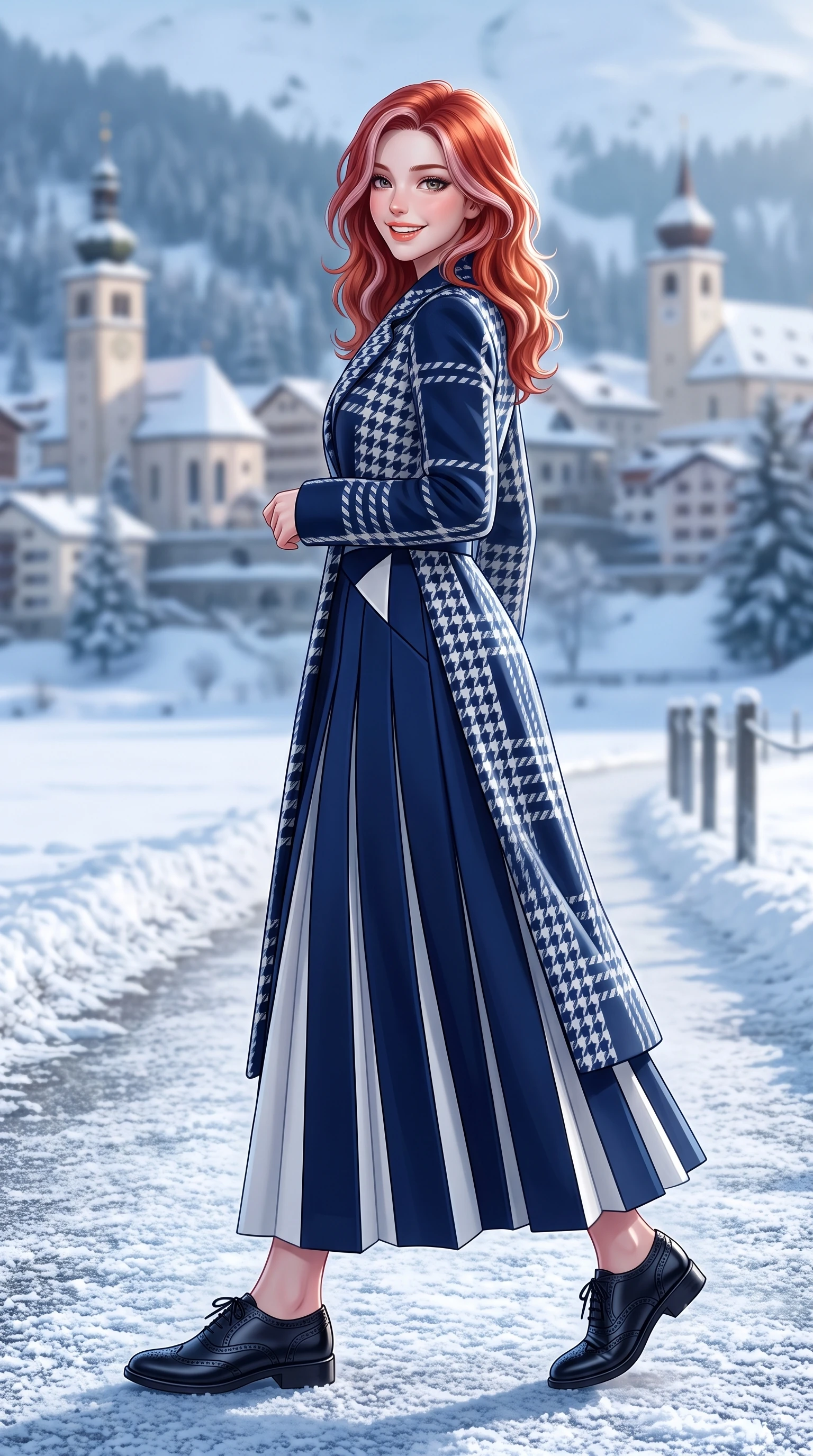 score_9, masterpiece, best quality, ultra-detailed, high-budget anime keyframe, semi-realistic 3D game render, editorial fashion photography, tasteful artistic composition, Caucasian woman. low angle full-body shot from head to toe showing her feet, filling the entire 9:16 vertical frame with her statuesque presence, stretching her vertical silhouette. pausing along the promenade and turning back toward the camera with an infectious, delightful smile and perfect posture while stepping forward with brisk, graceful strides on the frosted path, her long wool coat creating an impeccably slender vertical line. The background shows a soft-focus distant St. Moritz village towers softened in pristine Swiss nature shallow focus. She has an exceptionally tall and slender model-like 8.5-heads proportion, an ultra-slim waist, a flat toned midriff, narrow delicate ribcage, and beautifully sculpted feminine hips creating a graceful, slim hourglass silhouette without any bulky heaviness, with impossibly long slender legs. sharp v-shaped jawline, high-bridge nose, intricate jewel-like sparkling eyes with depth, thick eyelashes, glossy parted lips with a natural peach sheen, bright cheerful beaming smile with an enchanting and coquettish sensual glint, exuding both youthful cute charm and seductive allure, flawlessly proportioned anatomical accuracy, strict slender model proportions, natural body alignment, perfectly sculpted long slender limbs, ultra-slim waistline, clean dynamic posture without body distortion. wearing an asymmetrical-wrap tailored wool jacket with clean geometric lines paired with a structured pleated maxi skirt in French navy blue and crisp alabaster white, tailored from heavyweight double-faced wool with clean architectural edges, complemented by classic polished leather oxfords with brogue perforations, the precision-cut high-waisted tailoring accentuating her ultra-slim waist and long slender leg line with immaculate aristocratic poise. illuminated by frosted ground bounce and sharp crystalline rim lights defining her features, narrow waist, and statuesque height. highly saturated vibrant anime colors, detailed shading with soft gradients, rich glossy textures, high-contrast stereoscopic depth, volumetric dynamic lighting, master piece, 9:16 ratio