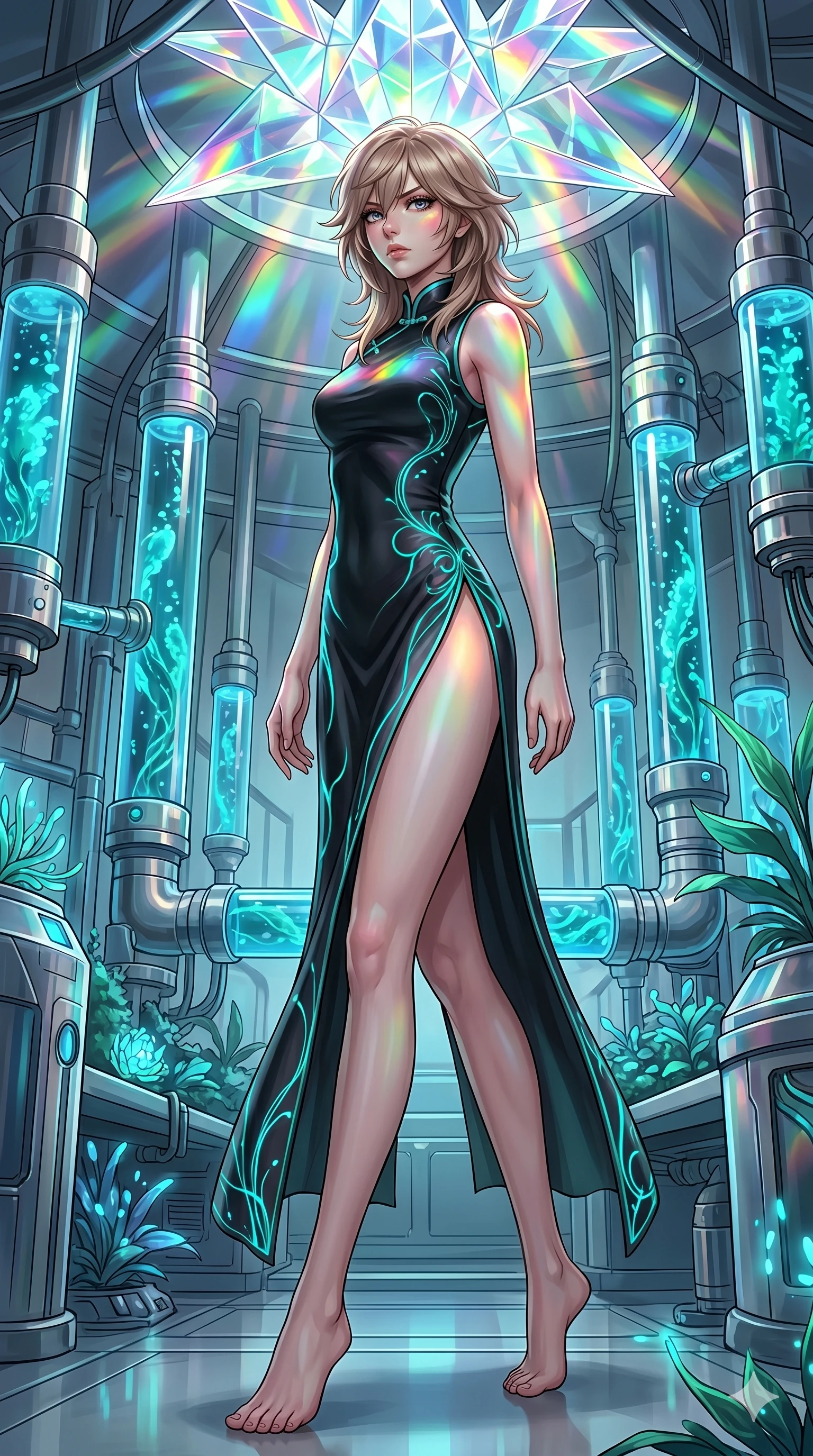 score_9, masterpiece, best quality, ultra-detailed, high-budget anime keyframe, editorial fashion photography, tasteful artistic composition, Japanese woman. low angle full-body shot from head to toe showing her feet, filling the entire 9:16 vertical frame with her statuesque presence, stretching her vertical silhouette. Pivoting on one foot with a sudden, sharp motion, her expression focused and intense within a cybernetic greenhouse where glowing blue algae grows in glass tubes. She has an absolutely perfect 8-heads proportion, an exceptionally tall and slender female figure with impossibly long slender legs and an ultra-slim waist. V-shaped jawline, high-bridge nose, intricate jewel-like eyes with depth, thick eyelashes, glossy lips with a natural sheen. wearing a modernized black silk qipao featuring a high side slit and glowing turquoise fiber-optic filigree. illuminated by refracted rainbow light from a crystal prism overhead, coloring her face and outfit. 2k, ultra detail, master piece, 9:16 ratio