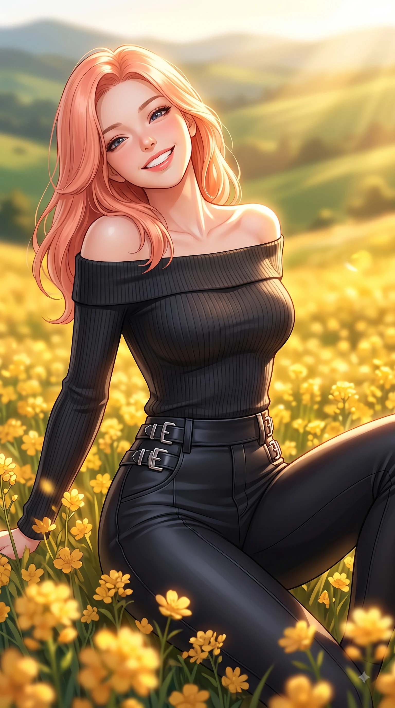 score_9, masterpiece, best quality, ultra-detailed, high-budget anime keyframe, editorial fashion photography, tasteful artistic composition, Japanese woman. close-up cowboy shot from the waist and thighs up, the character dominates the composition, filling the frame with her large presence, background elements kept in soft focus. Tilting her chin up with a beaming smile of pure delight while balancing dynamically amidst the scene while resting playfully among golden blossoms as warm sunbeams illuminate her sparkling eyes, a sweeping vista of rolling green hills glowing in warm bright sunlight. She has an exceptionally elegant, slender, and willowy female figure with an ultra-slim waist, a gracefully sculpted slender torso, and a refined silhouette. sharp v-shaped jawline, high-bridge nose, intricate jewel-like eyes with depth, thick eyelashes, glossy lips with a natural sheen, flawlessly proportioned anatomical accuracy, natural body alignment, perfectly sculpted elegant limbs, clean dynamic posture without body distortion. wearing a sleek off-shoulder ribbed knit top paired with high-waist tailored pants in matte black and polished silver, formed from sleek second-skin neoprene, detailed with polished silver buckles along the waistline, the sleek second-skin texture accentuating her magnetic presence. surrounded by a vibrant, uplifting atmosphere filled with golden radiance. highly saturated vibrant anime colors, detailed shading with soft gradients, rich glossy textures, high-contrast stereoscopic depth, volumetric dynamic lighting, master piece, 9:16 ratio