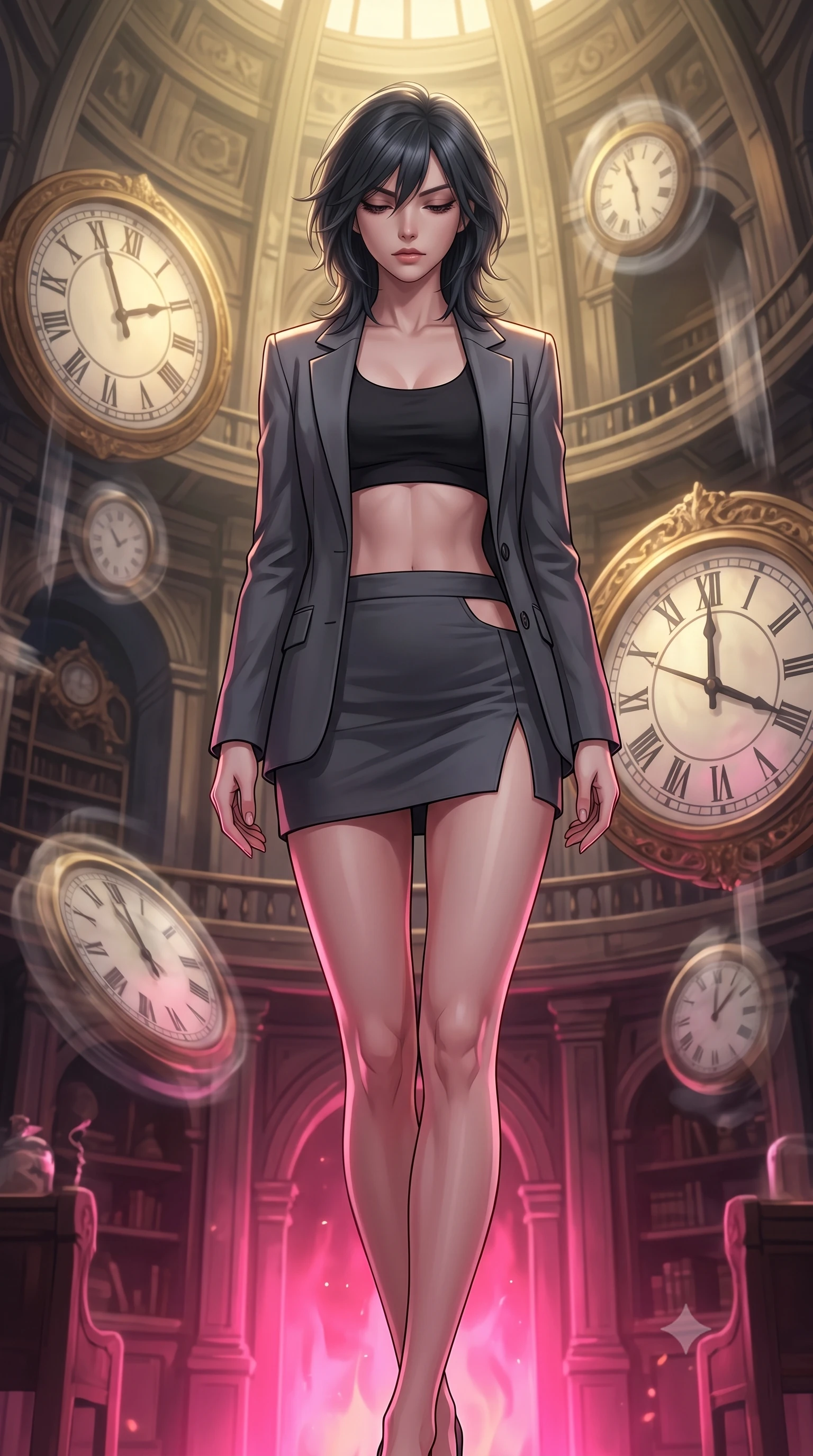 score_9, masterpiece, best quality, ultra-detailed, high-budget anime keyframe, editorial fashion photography, tasteful artistic composition, Caucasian woman, strictly human ears. close-up cowboy shot from the waist and thighs up, the character dominates the composition, filling the frame with her large presence, background elements kept in soft focus. Looking down with lowered lashes and a composed powerful expression. set against a soft-focus background of inside a tower where time flows at different rates on each level massive ornate clocks running at visibly different speeds with temporal distortion creating ghostly motion-blur halos around objects caught between time streams. She has an exceptionally elegant and slender, willowy female figure with an ultra-slim waist, a gracefully sculpted slender torso, and a refined slim physique. sharp v-shaped jawline, high-bridge nose, intricate jewel-like eyes with depth, thick eyelashes, glossy lips with a natural sheen. wearing a structured blazer in charcoal grey worn open over a black crop top and matching mini skirt with side cutout. dramatic contrast of hot pink furnace glow from below and cool golden light from above. 2k, ultra detail, master piece, 9:16 ratio