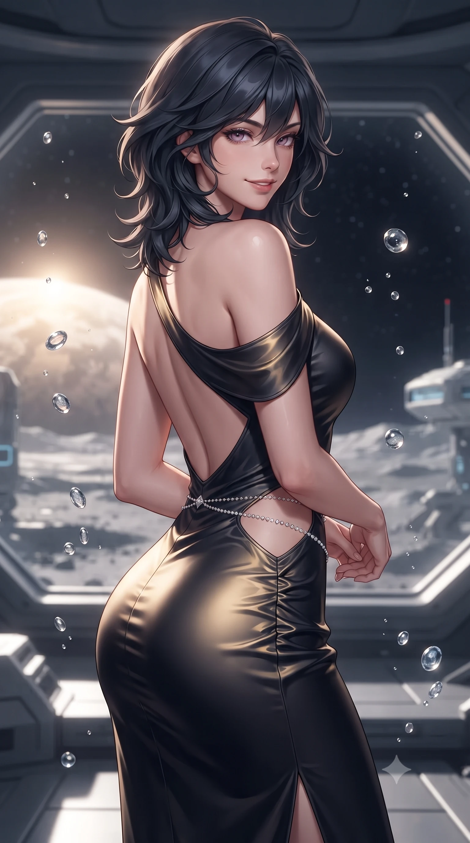 score_9, masterpiece, best quality, ultra-detailed, high-budget anime keyframe, editorial fashion photography, tasteful artistic composition, Caucasian woman. close-up cowboy shot from the waist and thighs up, the character dominates the composition, filling the frame with her large presence. turning over a bare shoulder with an intoxicating, teasing smile, her soft hair framing her sharp jawline as her hips angle gracefully while standing poised against the panoramic quartz-glass viewport, turning in an elegant dancer S-curve as planetary dawn illuminates her willowy silhouette. The composition keeps background elements in soft focus with creamy bokeh. floating zero-gravity droplets and sleek lunar base habitat gantries softened in glamorous sci-fi shallow focus. She has an exceptionally elegant, slender, and willowy female figure with an ultra-slim waist, flat toned midriff, narrow ribcage, and sculpted feminine hips creating an alluring, slim hourglass silhouette without bulk. sharp v-shaped jawline, high-bridge nose, intricate jewel-like eyes with depth, thick eyelashes, glossy parted lips with a natural sheen, intensely captivating and seductive bedroom-eyes expression, flawlessly proportioned anatomical accuracy, strict slender model proportions, natural body alignment, perfectly sculpted long slender limbs, ultra-slim waistline, clean dynamic posture without body distortion. wearing a form-contouring cocktail dress with an asymmetrical open shoulder and hip-defining ruching in midnight obsidian black and liquid gold, tailored from ultra-smooth duchess satin with a pearlescent sheen, accented with a dainty diamond waist chain catching the ambient light reflections, the precision-cut side openings and low-back scoop framing her graceful spine and the sensual sweep of her slim, toned hips. illuminated by crisp directional cosmic starlight sharply defining her sculpted clavicle, ultra-slim waist, and curvy hips. ultra-reflective glossy finish, specular highlights, rich textural contrasts, high-contrast stereoscopic depth, volumetric dynamic lighting, 2k, ultra detail, master piece, 9:16 ratio