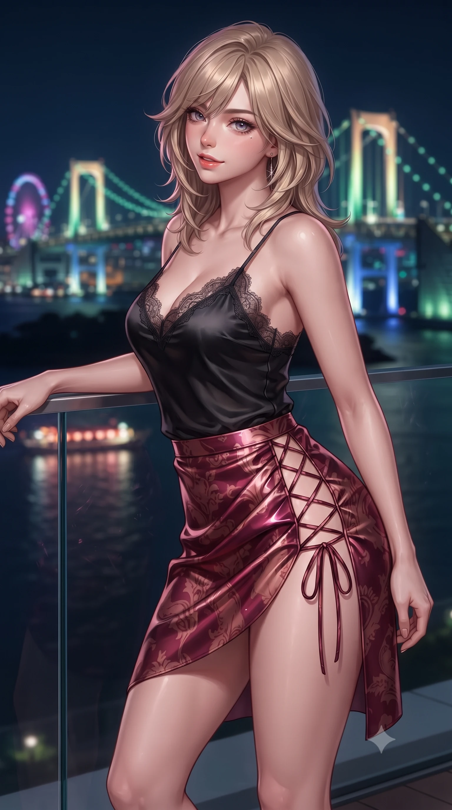 score_9, masterpiece, best quality, ultra-detailed, high-budget anime keyframe, editorial fashion photography, tasteful artistic composition, Japanese woman. close-up cowboy shot from the waist and thighs up, the character dominates the composition, filling the frame with her large presence. tilting her head with a teasing half-smile, running one hand slowly down the side of her hip in a flirtatious S-curve as ambient light caresses her silhouette while leaning against the frameless glass edge with hips cocked back, looking out toward the illuminated Rainbow Bridge with an intoxicating bedroom-gaze. The background shows a soft-focus magnificent illuminated cables of Rainbow Bridge spanning the dark bay water, cruising dinner boat lanterns, and Odaiba ferris wheel blurred into emerald, magenta, and sapphire bokeh. She has an exceptionally elegant, slender, and willowy female figure with an ultra-slim waist, flat toned midriff, narrow ribcage, and sculpted feminine hips creating an alluring, slim hourglass silhouette without bulk. sharp v-shaped jawline, high-bridge nose, sparkling eyes with hypnotic seductive depth, thick curled eyelashes, glossy parted lips with a natural dewy peach sheen, alluring bedroom-eyes with an enchanting coquettish smile, exuding magnetic siren charisma and sophisticated glamour, flawlessly proportioned anatomical accuracy, strict slender model proportions, natural body alignment, perfectly sculpted long slender limbs, ultra-slim waistline, clean dynamic posture without body distortion. wearing a delicate lace-trimmed silk camisole paired with a draped satin wrap sarong mini skirt with high side slit in smoldering Chianti crimson wine and deep rose-gold, crafted from wet-look high-gloss vinyl fabric with dazzling specular surface reflections, featuring fine criss-cross lace-up side ties revealing tantalizing glimpses of her hip curve, the liquid-tight tailored fabric clinging flawlessly to her narrow waist and rounded feminine hips, emphasizing every millimeter of her sculpted slim hourglass curves without any bulky heaviness. illuminated by bay water surface reflections and sharp magenta-cyan rim lights defining her delicate clavicles, narrow waist, and curvy hips. ultra-reflective glossy finish, specular highlights, rich textural contrasts, high-contrast stereoscopic depth, volumetric dynamic lighting, 2k, ultra detail, master piece, 9:16 ratio