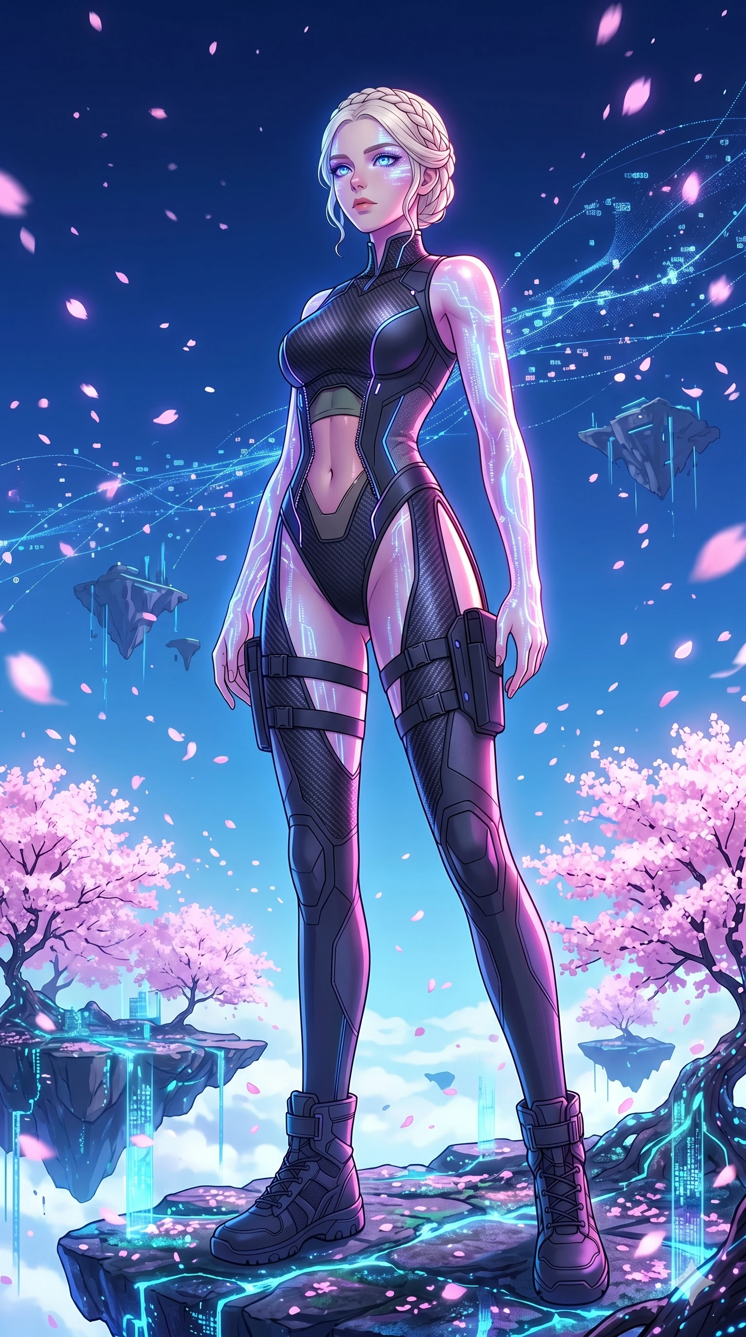 score_9, masterpiece, best quality, ultra-detailed, High-budget Anime Keyframe, vibrant colors, fluid line-art, expressive lighting, cinematic composition, Ufotable-style visual effects, top-tier animation quality, Caucasian woman with pale skin, blonde hair, and (strictly human ears). Wide-angle low shot emphasizing her impossibly long slender legs and commanding stature. Merging her consciousness with a digital interface as rivers of data flow through her translucent skin and glowing eyes. She has an absolutely perfect 8-heads proportion, an exceptionally tall and slender female figure with impossibly long slender legs and an ultra-slim waist, her statuesque height and towering silhouette dominating the vertical 9:16 frame. Her face is a masterpiece featuring a sharp v-shaped jawline, high-bridge nose, intricate jewel-like eyes with depth, thick eyelashes, and glossy lips with a natural sheen. She is wearing a Sleek tactical leotard with thigh-high holsters, unzipped deeply to show her midriff crafted from Carbon-fiber weave with a high-tech matte finish and integrated glowing filaments, with a dangerous high slit that showcases her impossibly long slender legs. The scene is set in an ancient floating island with pink cherry blossoms falling like snow against a blue sky, illuminated by soft bioluminescent glow from the environment casting ethereal colors on her skin. 2k, ultra detail, master piece, 9:16 ratio
