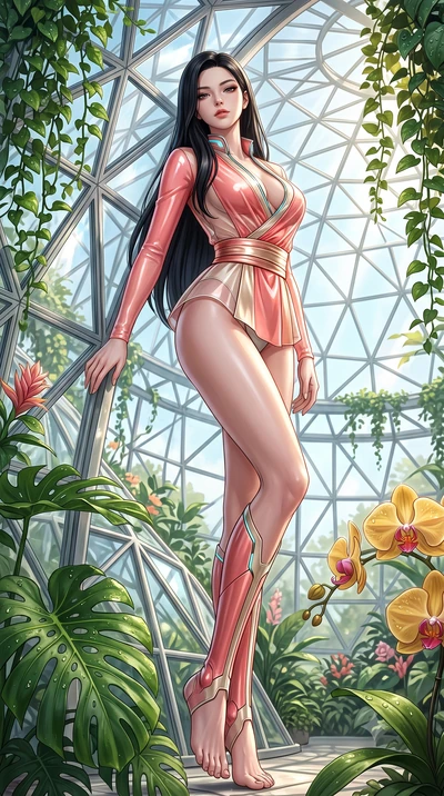 score_9, masterpiece, best quality, ultra-detailed, high-budget anime keyframe, semi-realistic 3D game render, editorial fashion photography, tasteful artistic composition, Korean woman. low angle full-body shot from head to toe showing her feet, fil