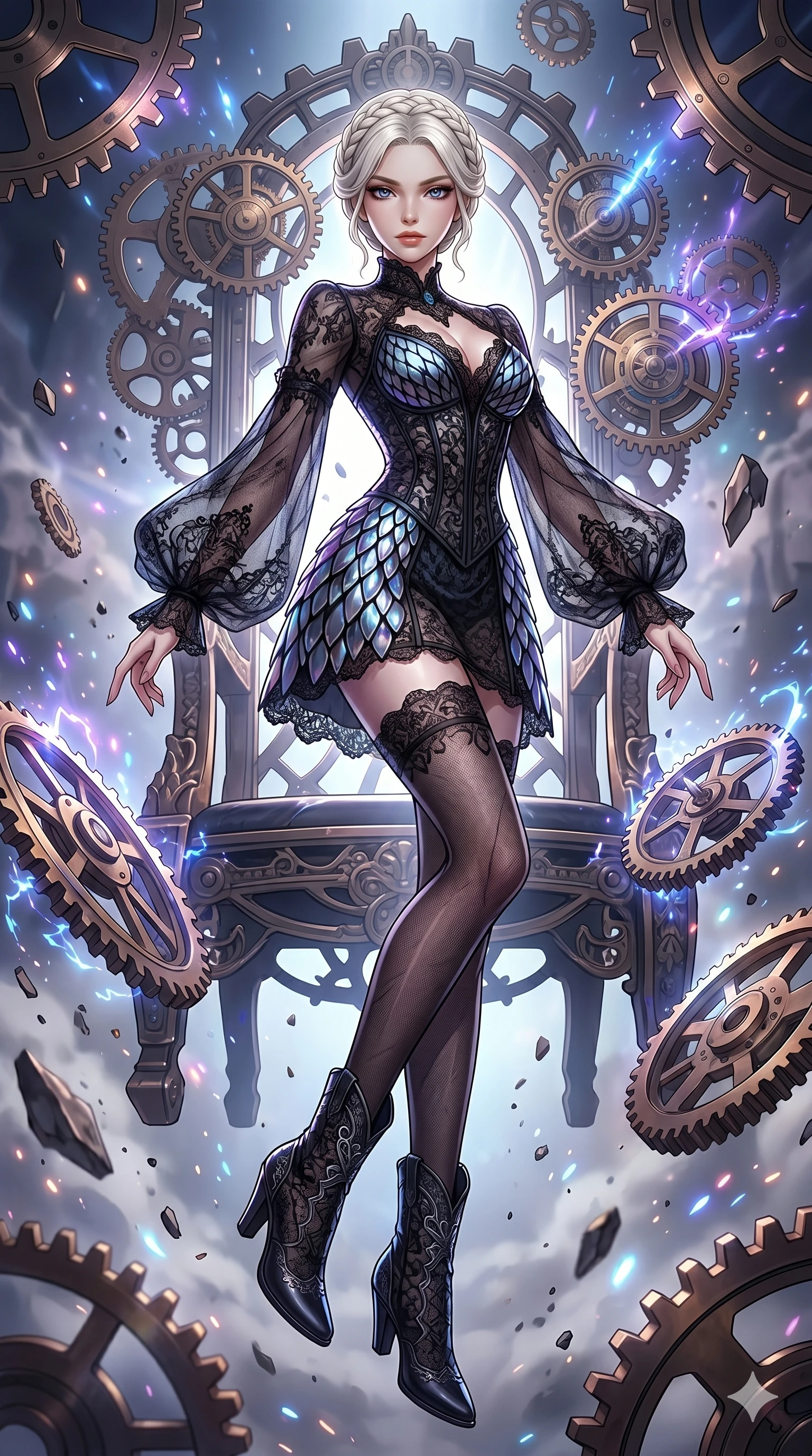score_9, masterpiece, best quality, ultra-detailed, Set A: High-budget Anime Keyframe, Japanese woman. Low angle cowboy shot filling the entire 9:16 frame with her statuesque presence. Floating through a throne of gears, as gravity fails and everything around her floats in state 296 and surrounded by glowing energy sparks. She has an absolutely perfect 8-heads proportion, an exceptionally tall and slender female figure with impossibly long slender legs and an ultra-slim waist. Sharp v-shaped jawline, high-bridge nose, intricate jewel-like eyes with depth, thick eyelashes, glossy lips with a natural sheen. Wearing Gothic lace corset mini-dress with sheer bell-sleeves and obsidian glass scales. Cinematic lighting, vibrant colors, dramatic shadows, 2k, ultra detail, master piece, 9:16 ratio