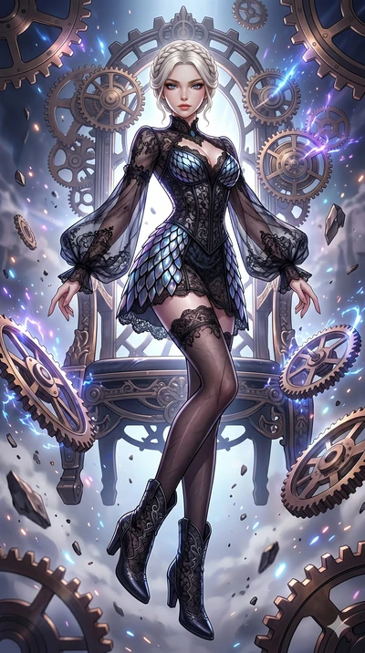 score_9, masterpiece, best quality, ultra-detailed, Set A: High-budget Anime Keyframe, Japanese woman. Low angle cowboy shot filling the entire 9:16 frame with her statuesque presence. Floating through a throne of gears, as gravity fails and everythi