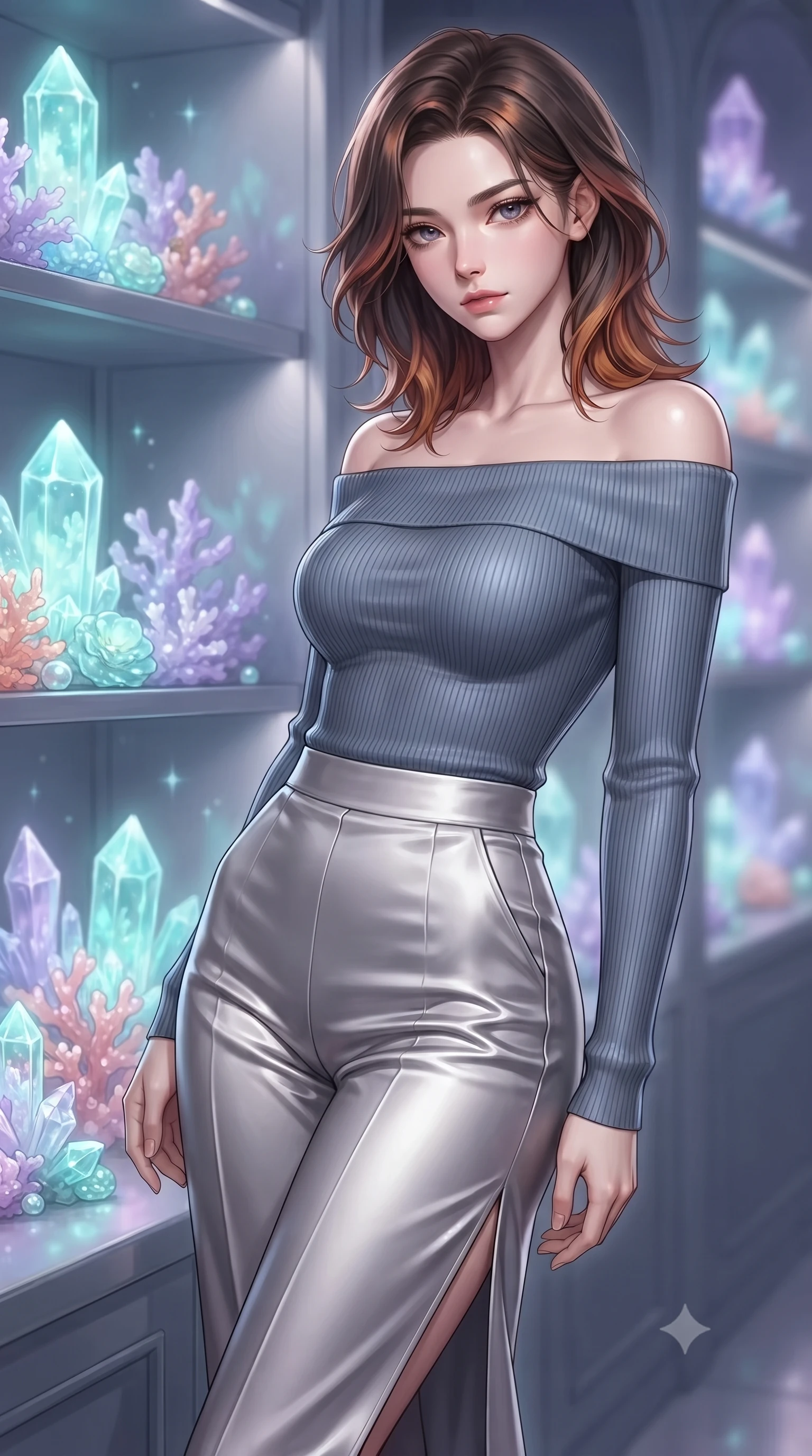 score_9, masterpiece, best quality, ultra-detailed, high-budget anime keyframe, editorial fashion photography, tasteful artistic composition, Korean woman. close-up cowboy shot from the waist and thighs up, the character dominates the composition, filling the frame with her large presence, background elements kept in soft focus. Leaning slightly forward with a composed, seductive gaze under soft glowing light standing beside a pearl archive sanctuary filled with glowing sea crystals, glowing coral blossoms emitting soft aqua and lavender light. She has an exceptionally elegant, slender, and willowy female figure with an ultra-slim waist, a gracefully sculpted slender torso, and a refined silhouette. sharp v-shaped jawline, high-bridge nose, intricate jewel-like eyes with depth, thick eyelashes, glossy lips with a natural sheen. wearing a sleek off-shoulder ribbed knit top paired with high-waist tailored pants in slate blue and metallic silver, crafted from lustrous satin jersey with fluid draping, finished with a sleek side slit ascending to mid-thigh, the form-contouring material highlighting her ultra-slim waist and long lines. surrounded by a shimmering ocean aura with bright pearl-white rim lights. ultra-reflective glossy finish, specular highlights, metallic sheen, high-contrast stereoscopic depth, volumetric dynamic lighting, 2k, ultra detail, master piece, 9:16 ratio