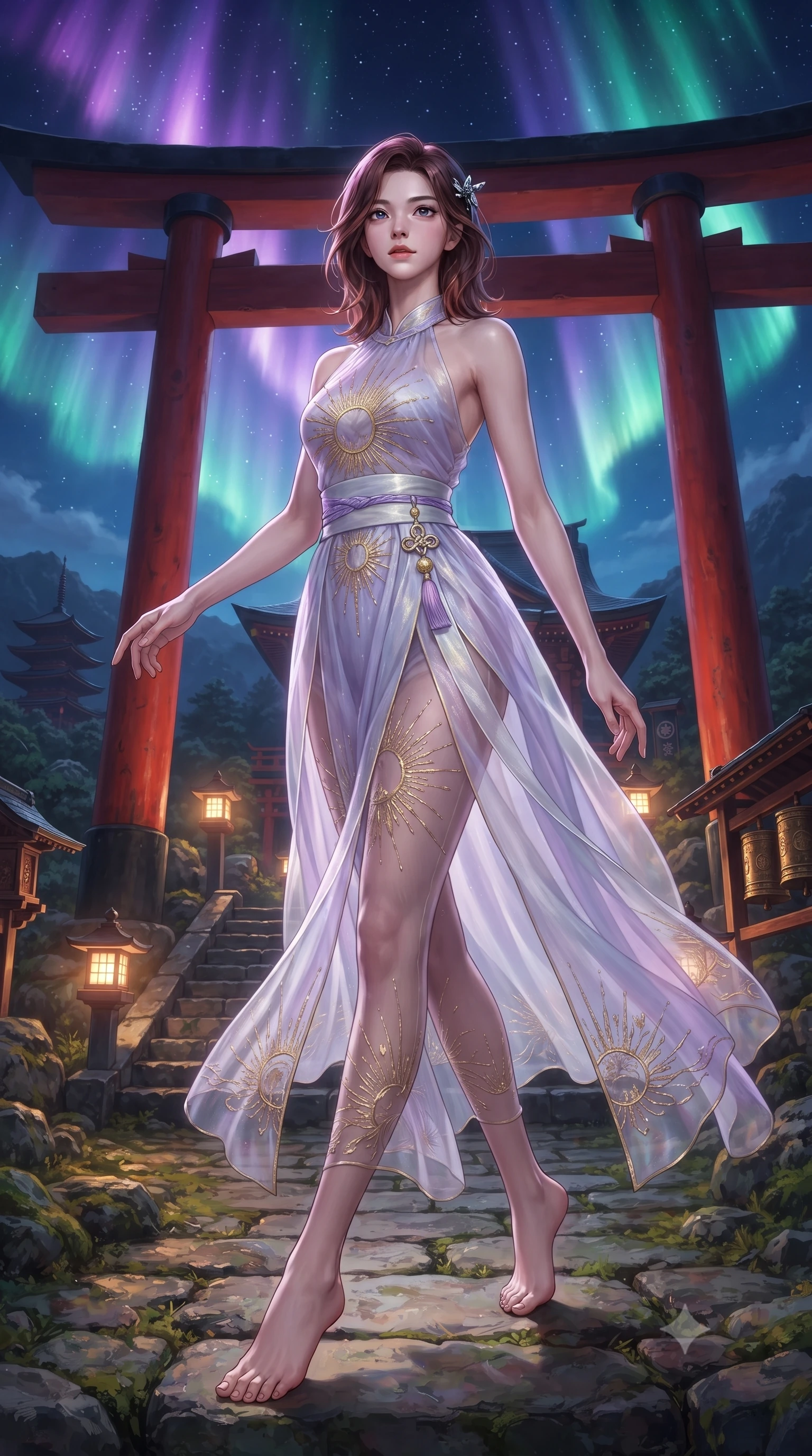 score_9, masterpiece, best quality, ultra-detailed, high-budget anime keyframe, editorial fashion photography, tasteful artistic composition, Korean woman. low angle full-body shot from head to toe showing her feet, filling the entire 9:16 vertical frame with her statuesque presence, stretching her vertical silhouette. stepping forward gracefully in mid-motion, displaying her toned flat midriff and flawlessly sculpted slender limbs while standing atop a mountain shrine ridge framed by a colossal vermilion torii gate under a dancing violet and emerald aurora. The surrounding environment is rendered in vivid detail and crisp panoramic clarity. mystical nocturnal chiaroscuro and sacred high-altitude mountain shrine grandeur captured with sharpness. She has an absolutely perfect, statuesque 8.5-heads proportion, an exceptionally tall and slender model-like female figure with impossibly long slender legs, a toned flat midriff, and an ultra-slim waist. sharp v-shaped jawline, high-bridge nose, intricate jewel-like eyes with depth, thick eyelashes, glossy lips with a natural sheen, captivating and magnetic expression, flawlessly proportioned anatomical accuracy, strict slender model proportions, natural body alignment, perfectly sculpted long slender limbs, ultra-slim waistline, clean dynamic posture without body distortion. wearing a celestial priestess halter gown with golden sunburst embroidery and sheer leg veils in ethereal lilac mist and pearlescent white, crafted from weightless prism organza that refracts light with every motion, accented with a glowing metallic norigae knot charm and silver hairpin, the liquid-tight tailored fabric emphasizing every curve of her tall, slender model proportions and sculptured silhouette during dynamic movement. bathed in vibrant emerald and violet aurora light overhead and warm golden lantern uplights from below. ultra-reflective glossy finish, specular highlights, rich textural contrasts, high-contrast stereoscopic depth, volumetric dynamic lighting, 2k, ultra detail, master piece, 9:16 ratio