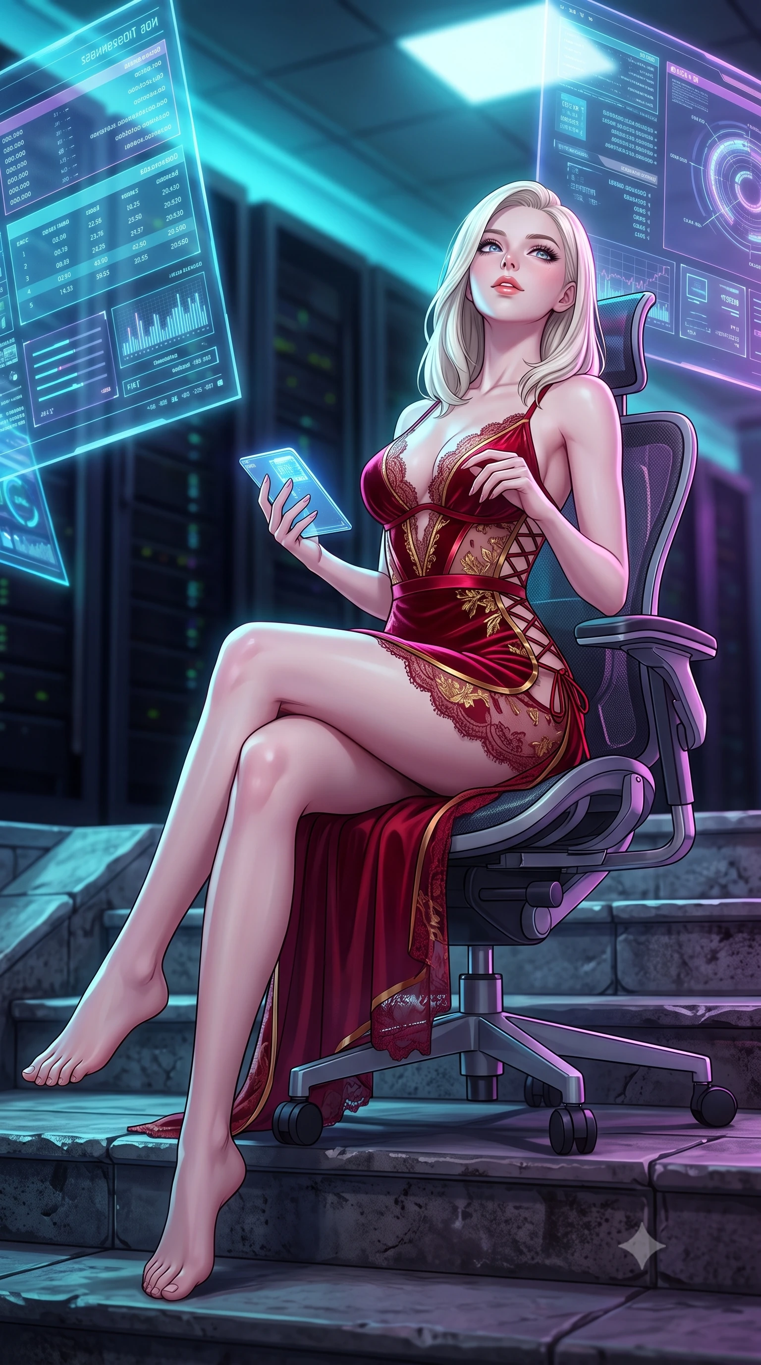 score_9, masterpiece, best quality, ultra-detailed, high-budget anime keyframe, semi-realistic 3D game render, editorial fashion photography, tasteful artistic composition, Caucasian woman. low angle full-body shot from head to toe showing her feet, filling the entire 9:16 vertical frame with her statuesque presence, stretching her vertical silhouette. sitting poised on the stone steps with one knee bent, arching her spine with supermodel elegance as she glances upward through thick eyelashes while lounging in the swivel ergonomic command chair with legs crossed, holding a micro-tablet with effortless sovereign hacker authority. The background shows a soft-focus dark server room columns softened in high-tech subterranean shallow focus. She has an absolutely perfect, statuesque 8.5-heads proportion, an exceptionally tall and slender model-like female figure with impossibly long slender legs, an ultra-slim waist, a flat toned midriff, narrow delicate ribcage, and beautifully sculpted feminine hips creating a graceful, slim hourglass silhouette without any bulky heaviness. sharp v-shaped jawline, high-bridge nose, sparkling eyes with hypnotic seductive depth, thick curled eyelashes, glossy parted lips with a natural dewy peach sheen, alluring bedroom-eyes with an enchanting coquettish smile, exuding magnetic siren charisma and sophisticated glamour, flawlessly proportioned anatomical accuracy, strict slender model proportions, natural body alignment, perfectly sculpted long slender limbs, ultra-slim waistline, clean dynamic posture without body distortion. wearing a provocative high-neck sheer illusion ballet dress with liquid satin ribbons contouring her curves in royal opera house crimson velvet and shimmering gold leaf, made of delicate semi-sheer French Chantilly lace with intricate eyelash edges, finished with fine criss-cross lace-up side ties revealing tantalizing glimpses of her hip curve, the high-slit wrap tailoring accentuating her ultra-slim waistline and the enchanting curve of her feminine hips with alluring seductive charm. bathed in dynamic cyan and ultraviolet illumination radiating from giant holographic displays. highly saturated vibrant anime colors, detailed shading with soft gradients, rich glossy textures, high-contrast stereoscopic depth, volumetric dynamic lighting, master piece, 9:16 ratio
