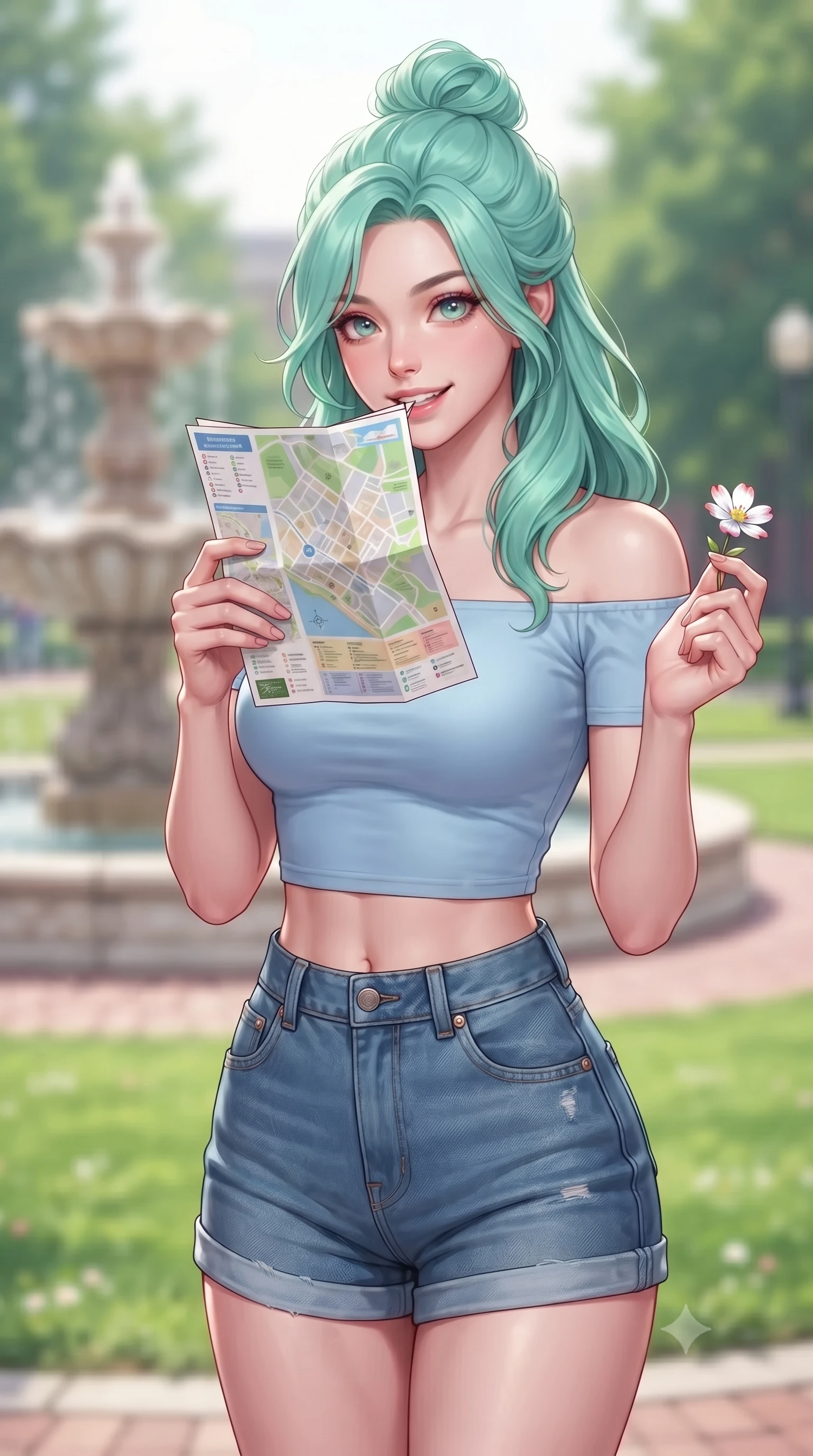 score_9, masterpiece, best quality, ultra-detailed, high-budget anime keyframe, editorial fashion photography, tasteful artistic composition, Japanese woman. close-up cowboy shot from the waist and thighs up, the character dominates the composition, filling the frame with her large presence, background elements kept in soft focus. holding a delicate flower near her lips, smiling with magnetic self-assurance and glowing eyes set against a soft-focus background of in a lively university plaza near a decorative stone fountain and green lawns looking at a campus map brochure with a cheerful, curious look. She has an exceptionally elegant, slender, and willowy female figure with an ultra-slim waist, a gracefully sculpted slender torso, and a refined silhouette. sharp v-shaped jawline, high-bridge nose, intricate jewel-like eyes with depth, thick eyelashes, glossy lips with a natural sheen. wearing slim-fit off-shoulder crop top in baby blue, paired with high-waist denim shorts. soft diffused daylight creating a clean, high-key glow in the space. highly saturated vibrant anime colors, detailed shading with soft gradients, rich glossy textures, high-contrast stereoscopic depth, volumetric dynamic lighting, master piece, 9:16 ratio