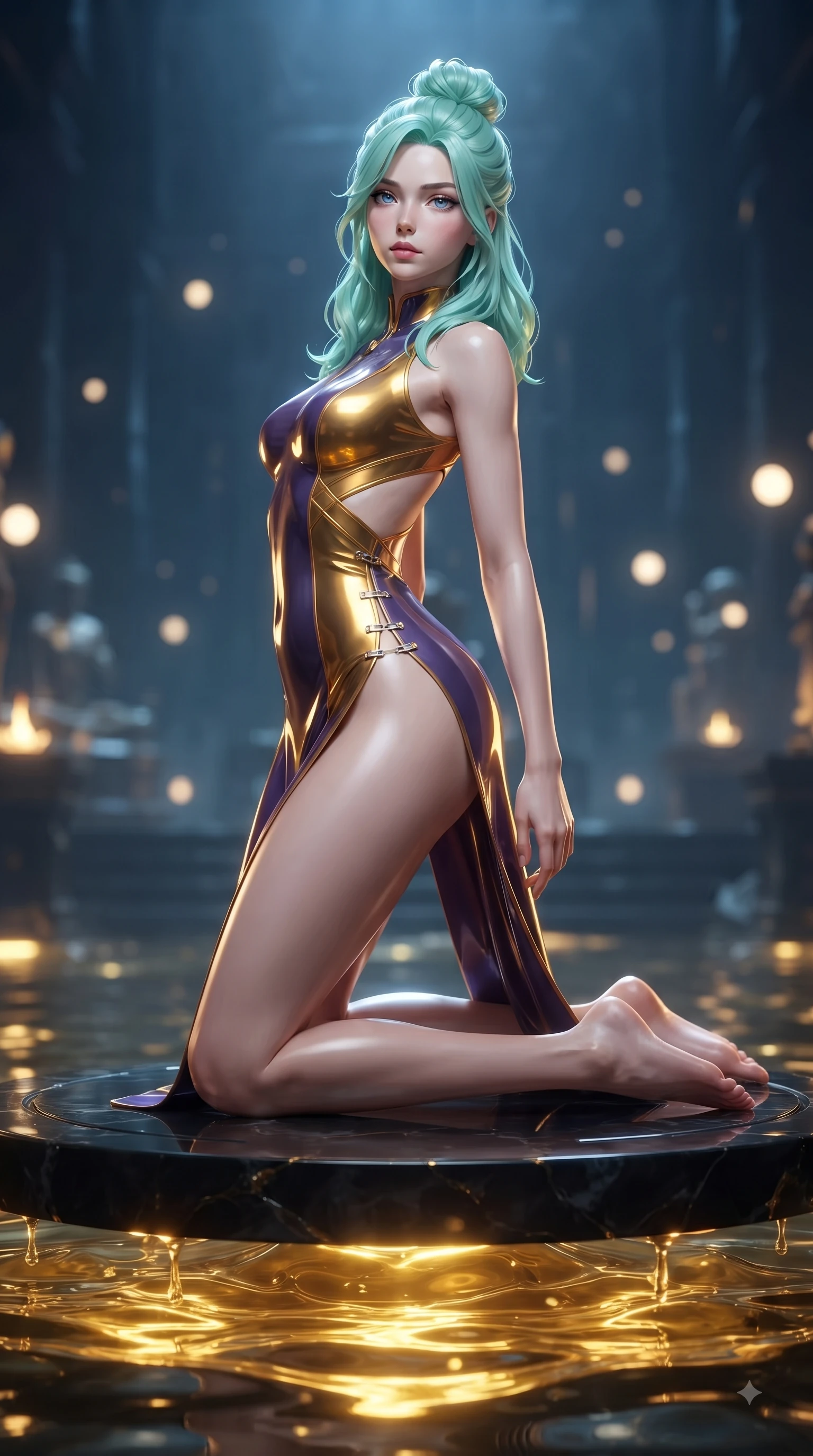 score_9, masterpiece, best quality, ultra-detailed, high-budget anime keyframe, editorial fashion photography, tasteful artistic composition, Japanese woman. low angle full-body shot from head to toe showing her feet, filling the entire 9:16 vertical frame with her statuesque presence, stretching her vertical silhouette. arching her back in a fluid zero-gravity turn with sovereign grace, her long slender legs and sculpted torso creating a sweeping line while kneeling gracefully on a floating obsidian dais inside a subterranean tech-sanctuary with glowing liquid gold rippling around her. The composition keeps background elements in soft focus with creamy bokeh. distant cyber-temple altars and floating light orbs softened in deep atmospheric focus. She has an absolutely perfect, statuesque 8.5-heads proportion, an exceptionally tall and slender model-like female figure with impossibly long slender legs and an ultra-slim waist. sharp v-shaped jawline, high-bridge nose, intricate jewel-like eyes with depth, thick eyelashes, glossy lips with a natural sheen, flawlessly proportioned anatomical accuracy, natural body alignment, perfectly sculpted elegant limbs, clean dynamic posture without body distortion. wearing a second-skin fashion-latex mini dress with a clean architectural front, featuring an open-back design that wraps around the sides of her waist, showcasing her slender silhouette in lustrous molten gold and pure deep violet, crafted from ultra-reflective second-skin latex with a glass-like polish, finished with an ultra-high side slit secured by miniature magnetic clasps, the liquid-tight fabric adhering flawlessly to her sculpted torso and slender silhouette. illuminated by intense gold caustics from below and cool blue ambient backlighting. ultra-reflective glossy finish, specular highlights, metallic sheen, high-contrast stereoscopic depth, volumetric dynamic lighting, 2k, ultra detail, master piece, 9:16 ratio