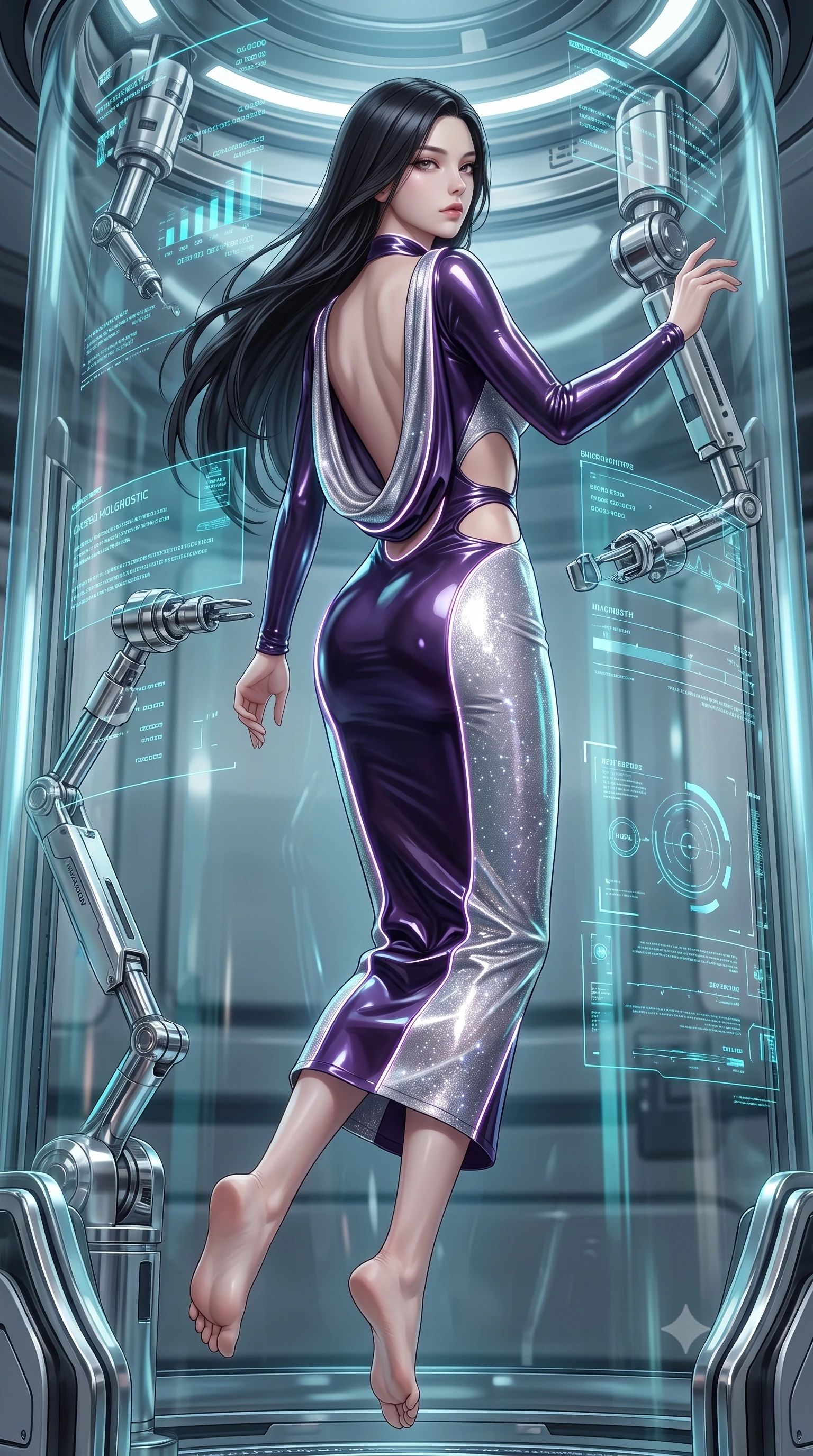 score_9, masterpiece, best quality, ultra-detailed, high-budget anime keyframe, semi-realistic 3D game render, editorial fashion photography, tasteful artistic composition, Korean woman. low angle full-body shot from head to toe showing her feet, filling the entire 9:16 vertical frame with her statuesque presence, stretching her vertical silhouette. pivoting dynamically in mid-motion with a breathtakingly alluring posture, displaying her flawless model proportions and ultra-slim waist while floating in zero-gravity inside a medical stasis cylinder with a serene yet dangerously alluring gaze. The surrounding environment is rendered in vivid detail and crisp panoramic clarity. detailed chrome medical armatures, high-precision laboratory sensors, and circuit seams in high clarity. She has an absolutely perfect, statuesque 8.5-heads proportion, an exceptionally tall and slender model-like female figure with impossibly long slender legs and an ultra-slim waist. sharp v-shaped jawline, high-bridge nose, intricate jewel-like eyes with depth, thick eyelashes, glossy lips with a natural sheen, flawlessly proportioned anatomical accuracy, natural body alignment, perfectly sculpted elegant limbs, clean dynamic posture without body distortion. wearing a precision-fitted liquid jersey bodycon dress with a dramatic draped cowl back that swoops down to her waist in dark amethyst purple and shimmering starlight silver, formed from high-gloss patent material with specular light reflections, accented with glowing fiber-optic seams tracing her collarbones and hip curves, the daring cutouts accentuating her delicate midriff, graceful collarbones, and feminine contour. illuminated by cool cyan diagnostic holograms and crisp specular highlights on glass. highly saturated vibrant anime colors, detailed shading with soft gradients, rich glossy textures, high-contrast stereoscopic depth, volumetric dynamic lighting, master piece, 9:16 ratio