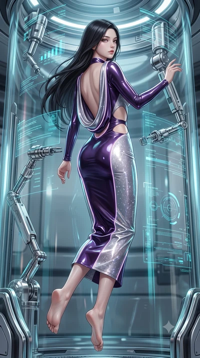 score_9, masterpiece, best quality, ultra-detailed, high-budget anime keyframe, semi-realistic 3D game render, editorial fashion photography, tasteful artistic composition, Korean woman. low angle full-body shot from head to toe showing her feet, fil