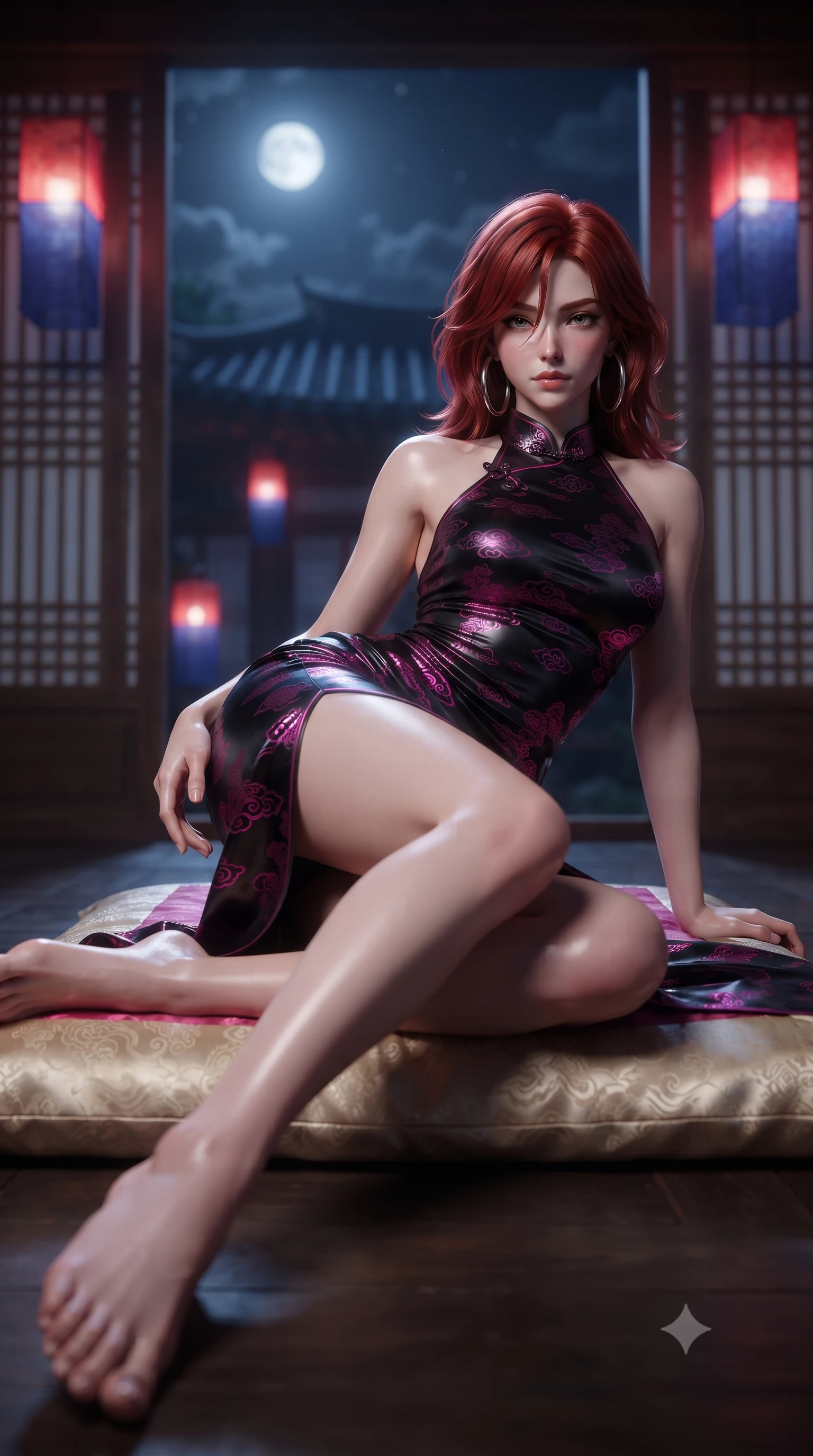 score_9, masterpiece, best quality, ultra-detailed, high-budget anime keyframe, editorial fashion photography, tasteful artistic composition, Korean woman. low angle full-body shot from head to toe showing her feet, filling the entire 9:16 vertical frame with her statuesque presence, stretching her vertical silhouette. reclining gracefully across the plush chaise lounge with one leg extended, her sculpted silhouette and flat midriff radiating magnetic nocturnal glamour while lounging languidly on an antique silk floor cushion propped on one elbow, her flat midriff and long slender legs commanding the moonlit pavilion vista. The background shows a soft-focus traditional palace wooden lattice screens and glowing red-and-blue silk lanterns softened in ethereal night shallow focus. She has an absolutely perfect, statuesque 8.5-heads proportion, an exceptionally tall and slender model-like female figure with impossibly long slender legs, an ultra-slim waist, a flat toned midriff, narrow delicate ribcage, and beautifully sculpted feminine hips creating a graceful, slim hourglass silhouette without any bulky heaviness. sharp v-shaped jawline, high-bridge nose, sparkling eyes with hypnotic seductive depth, thick curled eyelashes, glossy parted lips with a natural dewy peach sheen, alluring bedroom-eyes with an enchanting coquettish smile, exuding magnetic siren charisma and sophisticated glamour, flawlessly proportioned anatomical accuracy, strict slender model proportions, natural body alignment, perfectly sculpted long slender limbs, ultra-slim waistline, clean dynamic posture without body distortion. wearing a backless embroidered silk satin slip dress with traditional cloud motifs contouring her narrow waist and curvy hips in wet-look onyx black with electric fuchsia reflections, made of semi-opaque stretch illusion mesh with soft shadowy contours, accented with oversized polished chrome hoop earrings catching the ambient neon glow, the form-contouring silhouette accentuating her sculpted flat midriff, narrow delicate ribcage, and gracefully curvy hips with intoxicating allure. illuminated by pond surface moonbeam bounce and sharp platinum rim lights sculpting her razor-sharp jawline, narrow waist, and curvy hips. ultra-reflective glossy finish, specular highlights, rich textural contrasts, high-contrast stereoscopic depth, volumetric dynamic lighting, 2k, ultra detail, master piece, 9:16 ratio
