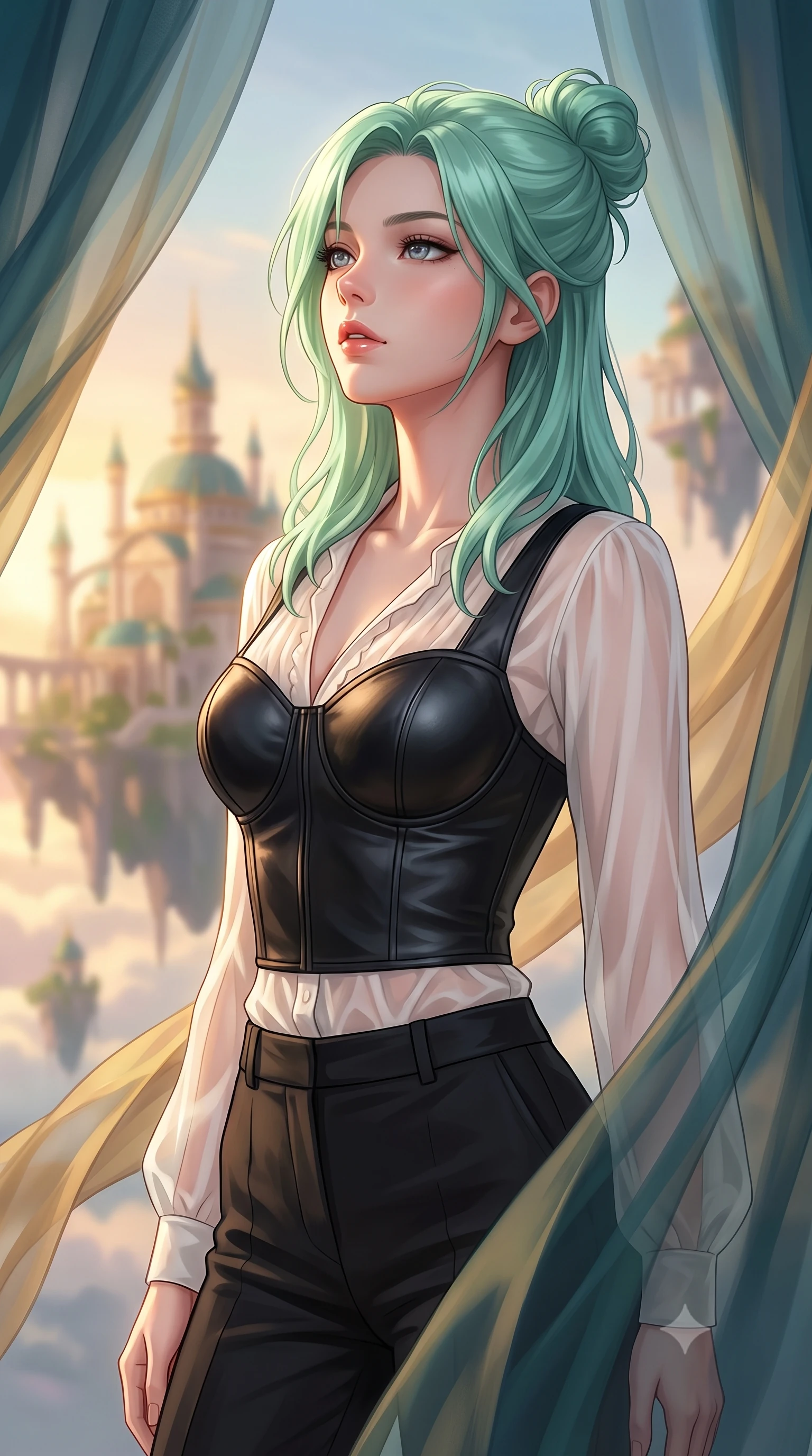 score_9, masterpiece, best quality, ultra-detailed, high-budget anime keyframe, editorial fashion photography, tasteful artistic composition, Japanese woman. close-up cowboy shot from the waist and thighs up, the character dominates the composition, filling the frame with her large presence, background elements kept in soft focus. Tilting her chin up slightly with lips parted in a magnetic, composed expression gazing out at a dreamlike palace archipelago suspended in golden hour light, translucent silk curtains drifting lazily in a warm sky breeze. She has an exceptionally elegant, slender, and willowy female figure with an ultra-slim waist, a gracefully sculpted slender torso, and a refined silhouette. sharp v-shaped jawline, high-bridge nose, intricate jewel-like eyes with depth, thick eyelashes, glossy lips with a natural sheen. wearing a tailored leather bustier over a sheer silk chiffon blouse with tailored slacks, the sleek second-skin texture accentuating her magnetic presence. lit by brilliant warm key light softening into smooth, elegant gradients. highly saturated vibrant anime colors, detailed shading with soft gradients, rich glossy textures, high-contrast stereoscopic depth, volumetric dynamic lighting, master piece, 9:16 ratio