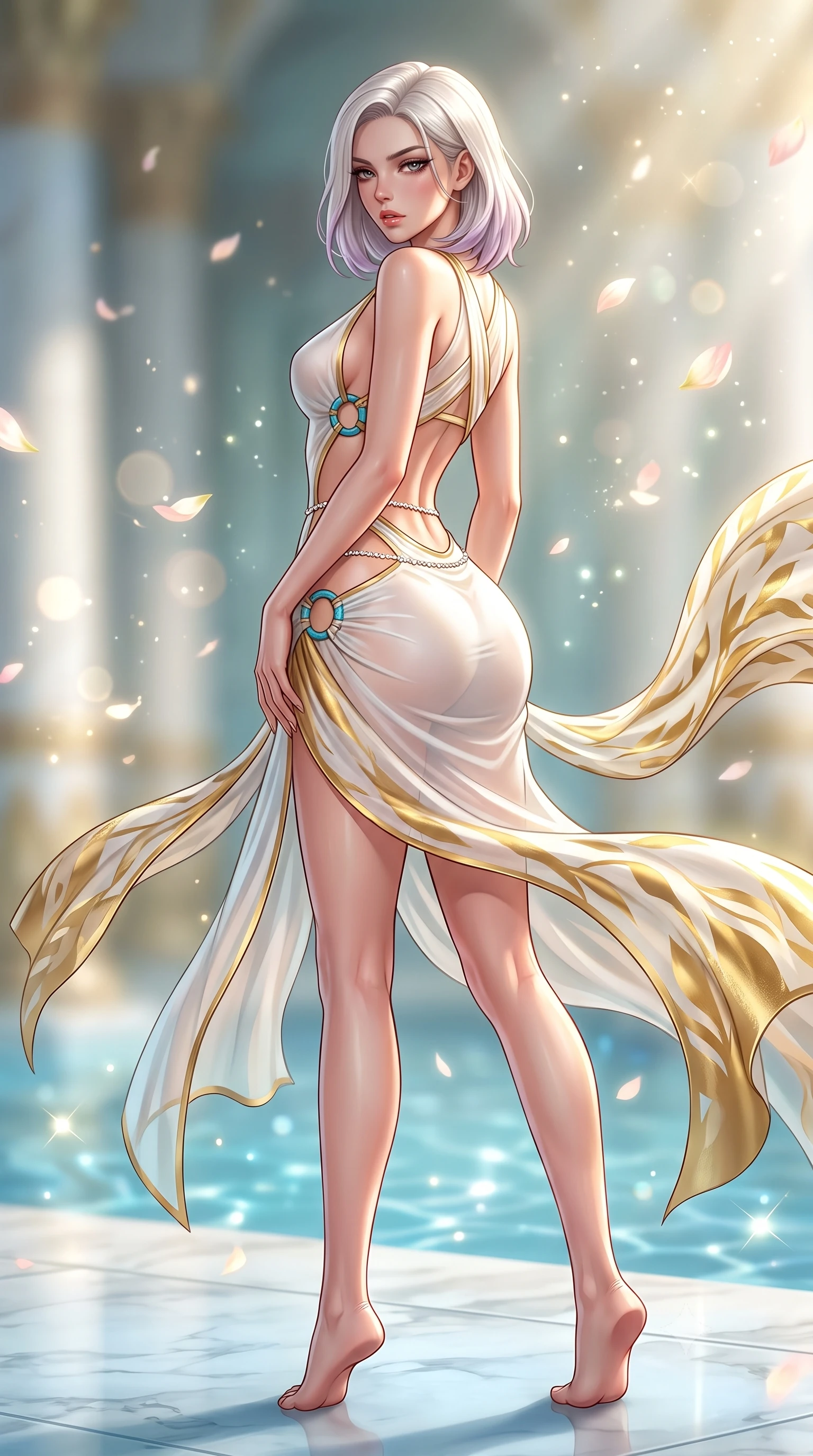 score_9, masterpiece, best quality, ultra-detailed, high-budget anime keyframe, semi-realistic 3D game render, editorial fashion photography, tasteful artistic composition, Caucasian woman. low angle full-body shot from head to toe showing her feet, filling the entire 9:16 vertical frame with her statuesque presence, stretching her vertical silhouette. posing with back turned slightly to the lens, glancing back with smoldering allure as she arches her lower back to emphasize her sculpted feminine hips and slender waist while pivoting gracefully on the polished alabaster temple floor, her sheer pleated gold drapery swirling around her statuesque hips and long legs. The composition keeps background elements in soft focus with creamy bokeh. sparkling pool caustics and floating lotus petals scattering radiant sunlight motes across the sanctuary. She has an absolutely perfect, statuesque 8.5-heads proportion, an exceptionally tall and slender model-like female figure with impossibly long slender legs, a toned flat midriff, an ultra-slim waist, and beautifully sculpted feminine hips. sharp v-shaped jawline, high-bridge nose, intricate jewel-like eyes with depth, thick eyelashes, glossy parted lips with a natural sheen, intensely captivating and seductive bedroom-eyes expression, flawlessly proportioned anatomical accuracy, strict slender model proportions, natural body alignment, perfectly sculpted long slender limbs, ultra-slim waistline, clean dynamic posture without body distortion. wearing a sheer gossamer silk Nile wrap dress with dramatic side-torso cutouts framed by turquoise ring hardware in pure alabaster white and polished gold leaf, made of liquid bamboo jersey adhering seamlessly to her slender frame, accented with a dainty diamond waist chain framing her sun-kissed midriff, the liquid-tight tailored fabric clinging flawlessly to her narrow waist and rounded feminine hips, emphasizing every millimeter of her sculpted hourglass curves during movement. surrounded by a sovereign, divine, and breathlessly mesmerizing Nile queen aura. highly saturated vibrant anime colors, detailed shading with soft gradients, rich glossy textures, high-contrast stereoscopic depth, volumetric dynamic lighting, master piece, 9:16 ratio