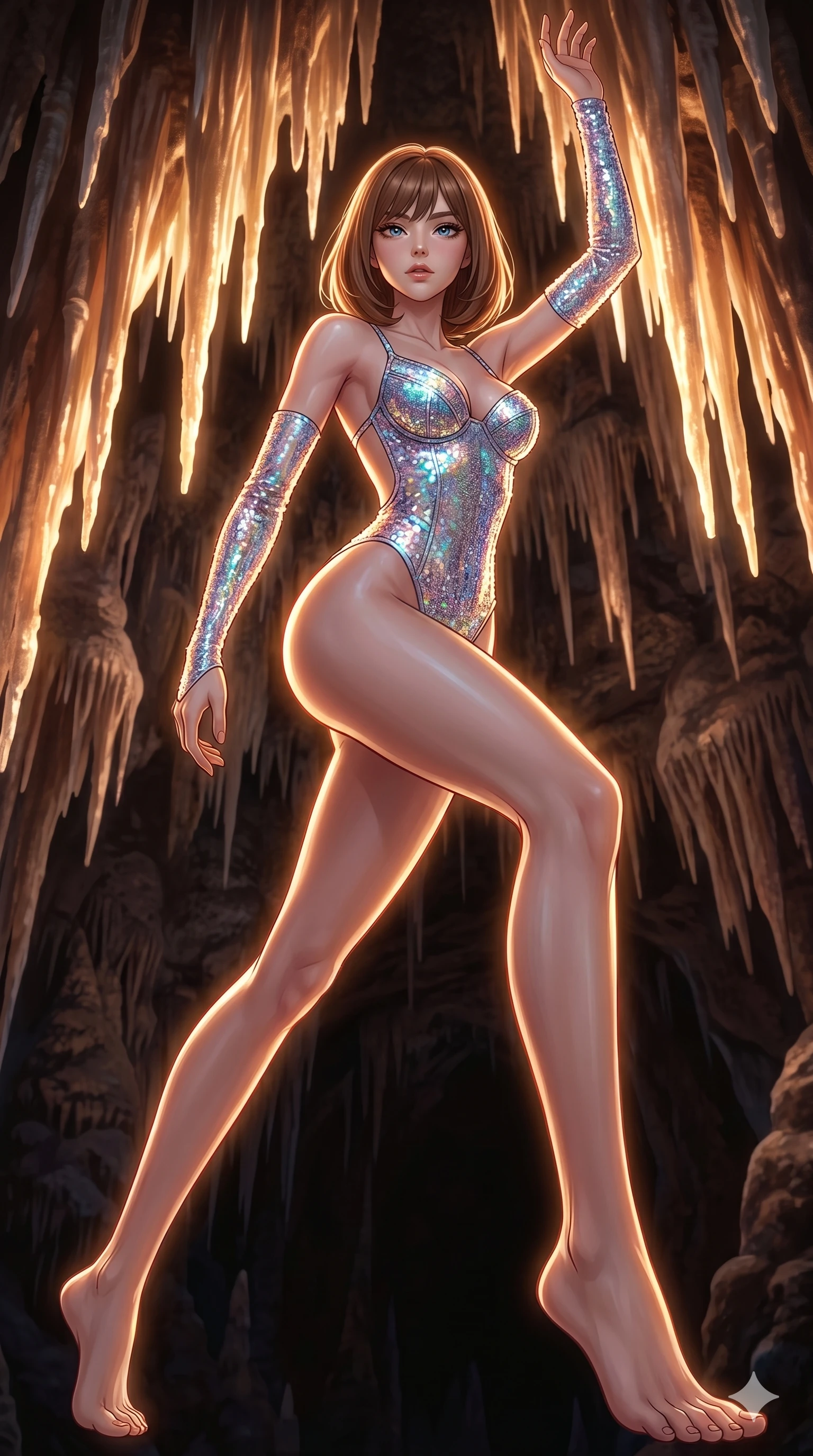 score_9, masterpiece, best quality, ultra-detailed, high-budget anime keyframe, editorial fashion photography, tasteful artistic composition, Caucasian woman, strictly human ears. low angle full-body shot from head to toe showing her feet, filling the entire 9:16 vertical frame with her statuesque presence, stretching her vertical silhouette. Lunging dynamically forward with one arm raised within a cavern of glowing stalactites that look like hanging icicles of light. She has an absolutely perfect 8-heads proportion, an exceptionally tall and slender female figure with impossibly long slender legs and an ultra-slim waist. V-shaped jawline, high-bridge nose, intricate jewel-like eyes with depth, thick eyelashes, glossy lips with a natural sheen. wearing an iridescent sequined bodysuit with structured cups, an open back, and matching detachable sleeves that cover the forearms. drenched in warm amber cinematic rim lighting that traces every contour of her silhouette against a dark background. 2k, ultra detail, master piece, 9:16 ratio