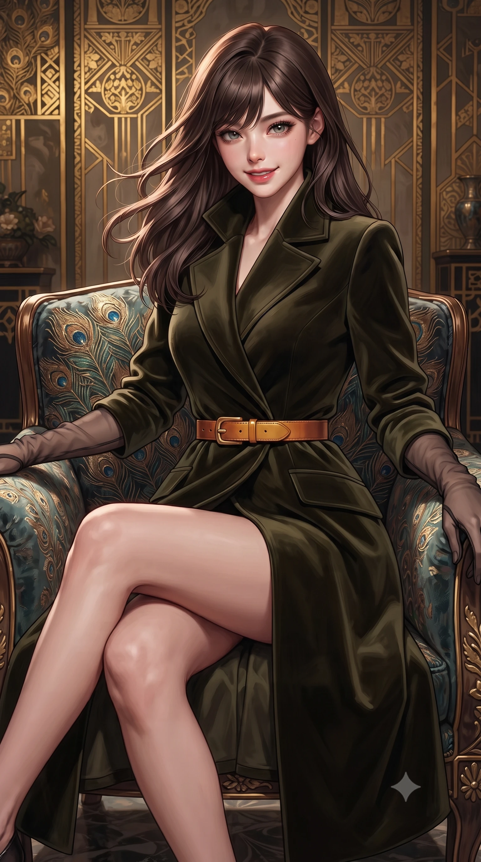 score_9, masterpiece, best quality, ultra-detailed, high-budget anime keyframe, editorial fashion photography, tasteful artistic composition, Korean woman. close-up cowboy shot from the waist and thighs up, the character dominates the composition, filling the frame with her large presence. turning slowly with an enchanting smoldering smile, her glossy hair tossing in the breeze as her hips angle gracefully in a captivating contrapposto while sitting gracefully on the peacock-embroidered velvet armchair with legs crossed, her statuesque 8.5-heads silhouette commanding the sanctuary. The surrounding environment is rendered in vivid detail and crisp panoramic clarity: detailed garment folds, intricate lace or tailored seams, and master Secessionist craft in razor-sharp precision. She has an exceptionally elegant, slender, and willowy female figure with an ultra-slim waist, flat toned midriff, narrow ribcage, and sculpted feminine hips creating an alluring, slim hourglass silhouette without bulk. sharp v-shaped jawline, high-bridge nose, intricate jewel-like sparkling eyes with depth, thick eyelashes, glossy parted lips with a natural peach sheen, bright cheerful beaming smile with an enchanting and coquettish sensual glint, exuding both youthful cute charm and seductive allure, flawlessly proportioned anatomical accuracy, strict slender model proportions, natural body alignment, perfectly sculpted long slender limbs, ultra-slim waistline, clean dynamic posture without body distortion. wearing an elegant high-collar Tuscan cashmere wrap coat dress cinched with an artisanal leather buckle belt in Tuscan cypress dark olive and sunset amber gold, tailored from ultra-plush silk velvet with rich tactile depth and deep shadow gradients, complemented by sheer opera-length evening gloves tracing her slender arms, the impeccably tailored cut draping gracefully along her slender figure with aristocratic poise. illuminated by marble floor reflection bounce and sharp rose-gold rim lights sculpting her jawline, narrow waist, and curvy hips. ultra-reflective glossy finish, specular highlights, rich textural contrasts, high-contrast stereoscopic depth, volumetric dynamic lighting, 2k, ultra detail, master piece, 9:16 ratio