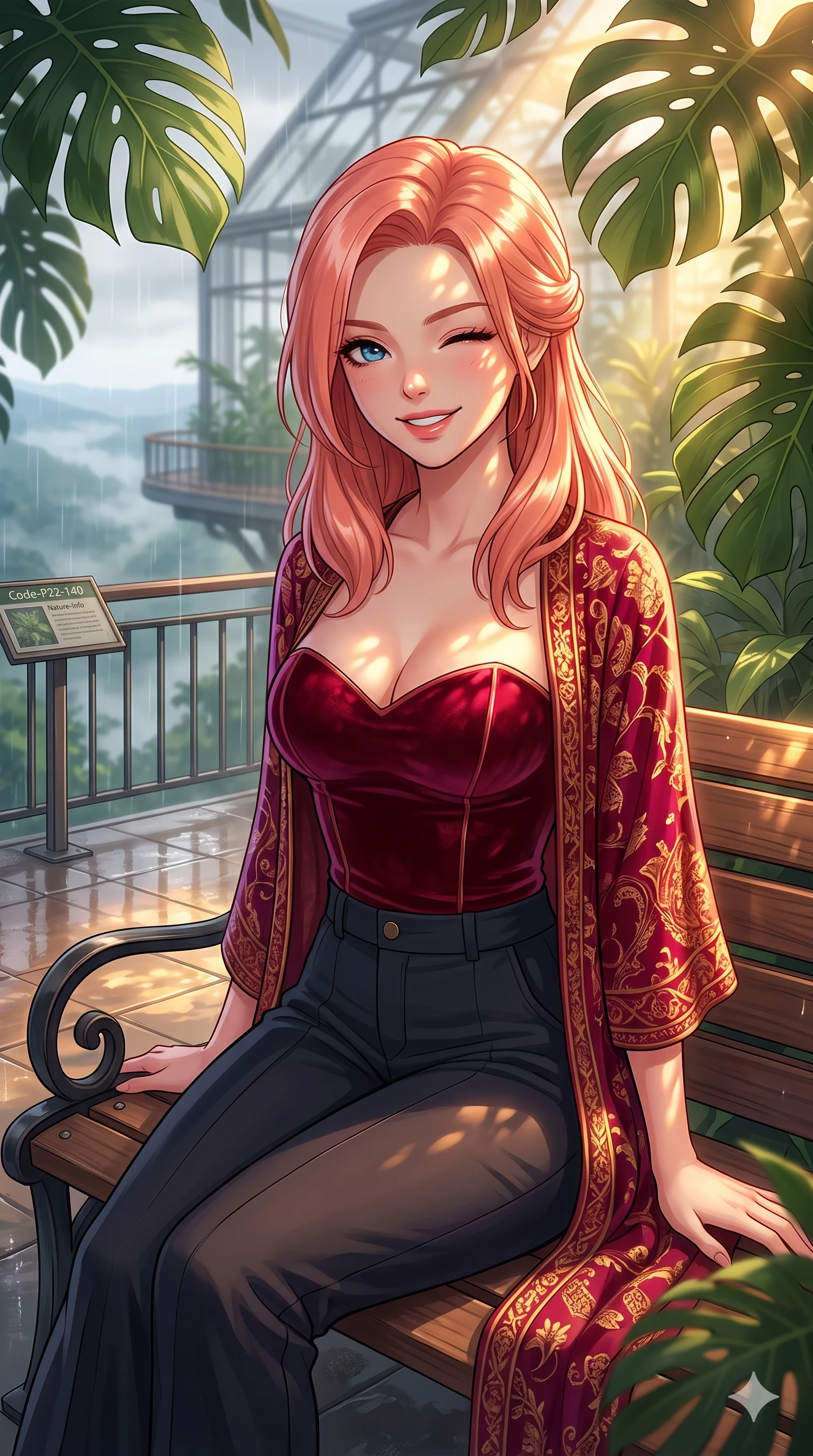 score_9, masterpiece, best quality, ultra-detailed, high-budget anime keyframe, vibrant anime aesthetic, Japanese woman. close-up cowboy shot from the waist and thighs up, the character dominates the composition, filling the frame with her large presence, background elements kept in soft focus. She is sitting on a vintage bench, winking with a playful and bright expression, her eyes shining with genuine joy with a relaxed and elegant posture. the background shows a soft-focus floating observation deck of a nature center conservatory, overlooking a misty rainy valley (Code-P22-140). She has an absolutely perfect proportion, an exceptionally elegant and slender female figure with an ultra-slim waist. V-shaped jawline, high-bridge nose, intricate jewel-like eyes with depth, thick eyelashes, glossy lips with a natural sheen. wearing a structured velvet bodice with a sweetheart neckline combined with a delicate wrap in ruby red and gold accents. She is drenched in warm, golden afternoon sunbeams filtering through dense green monstera leaves, creating a cinematic, high-budget anime lighting effect on the outdoor wooden terrace. 2k, ultra detail, master piece, 9:16 ratio