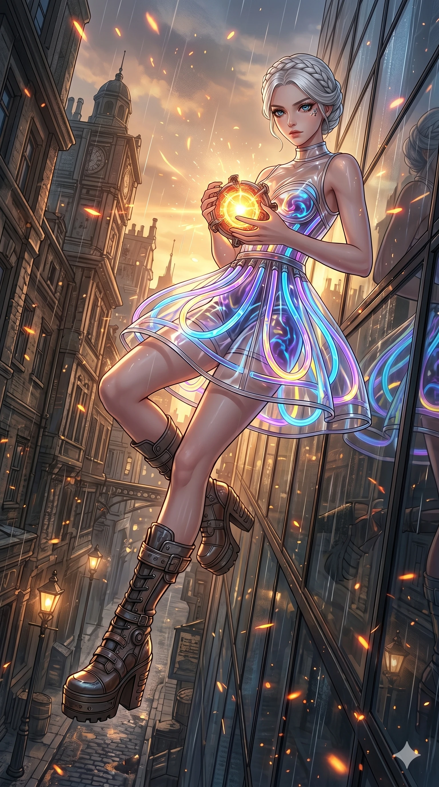 score_9, masterpiece, best quality, ultra-detailed, Set A: High-budget Anime Keyframe, Caucasian (human ears) woman. Low angle cowboy shot filling the entire 9:16 frame with her statuesque presence. Theme: Urban Decay. sliding down a glass skyscraper in a steampunk London alleyway, holding a glowing core that hums with the power of 162 suns. The atmosphere is filled with golden hour with floating embers. She has an absolutely perfect 8-heads proportion, an exceptionally tall and slender female figure with impossibly long slender legs and an ultra-slim waist. Sharp v-shaped jawline, high-bridge nose, intricate jewel-like eyes with depth, glossy lips. Wearing Transparent vinyl dress filled with glowing liquid neon, paired with platform heels. Cinematic lighting, vivid colors, dramatic shadows, 2k, ultra detail, master piece, 9:16 ratio