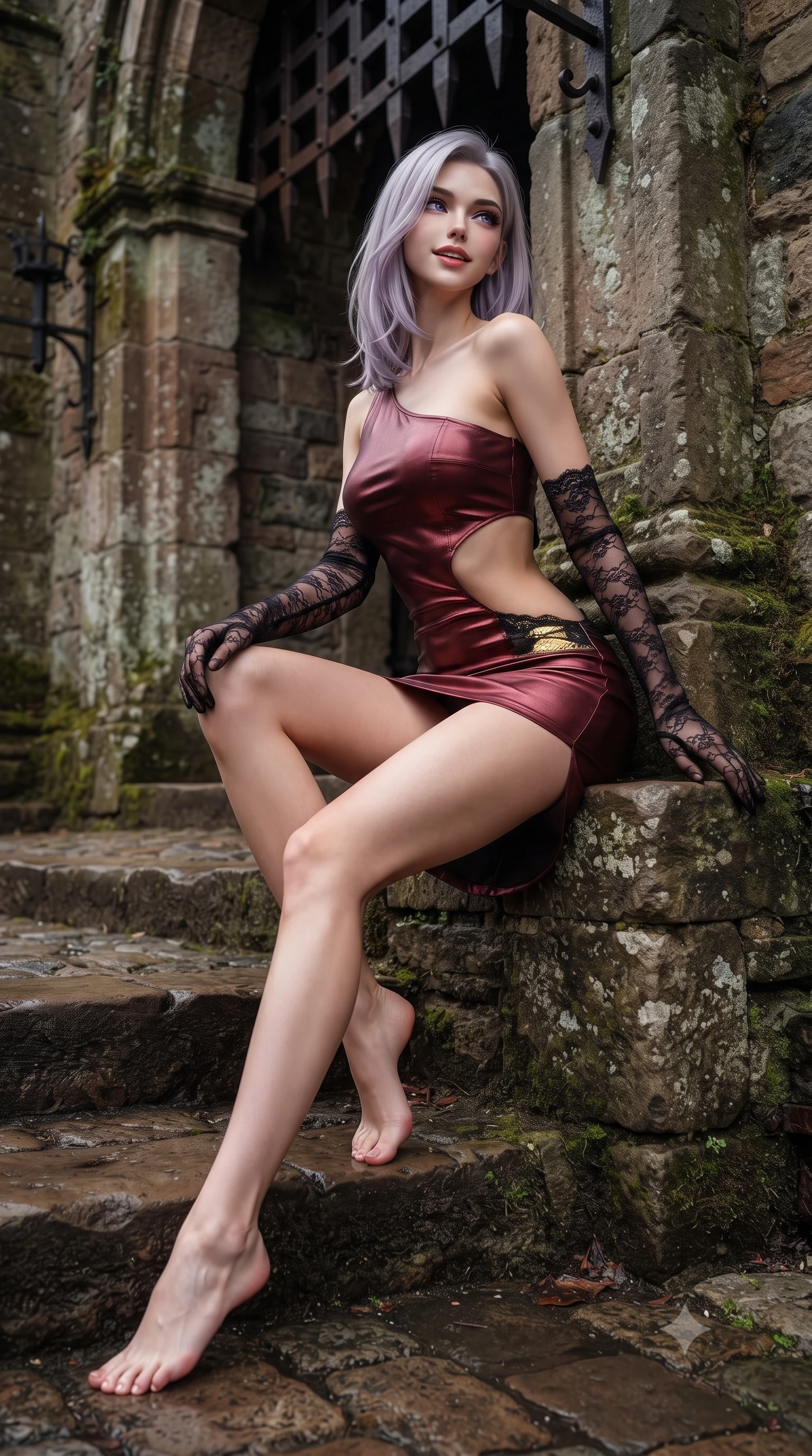 score_9, masterpiece, best quality, ultra-detailed, high-budget anime keyframe, editorial fashion photography, tasteful artistic composition, Caucasian woman. low angle full-body shot from head to toe showing her feet, filling the entire 9:16 vertical frame with her statuesque presence, stretching her vertical silhouette. sitting poised on the stone steps with one knee bent, arching her spine with supermodel elegance as she glances upward through thick eyelashes while leaning against the ancient stone gate pillar with hips cocked back, looking over a bare shoulder with an irresistible bedroom-smile. The surrounding environment is rendered in vivid detail and crisp panoramic clarity: detailed second-skin leatherette bodice cling, glossy parted lips, and castle architecture in razor-sharp precision. She has an absolutely perfect, statuesque 8.5-heads proportion, an exceptionally tall and slender model-like female figure with impossibly long slender legs, an ultra-slim waist, a flat toned midriff, narrow delicate ribcage, and beautifully sculpted feminine hips creating a graceful, slim hourglass silhouette without any bulky heaviness. sharp v-shaped jawline, high-bridge nose, sparkling eyes with hypnotic seductive depth, thick curled eyelashes, glossy parted lips with a natural dewy peach sheen, alluring bedroom-eyes with an enchanting coquettish smile, exuding magnetic siren charisma and sophisticated glamour, flawlessly proportioned anatomical accuracy, strict slender model proportions, natural body alignment, perfectly sculpted long slender limbs, ultra-slim waistline, clean dynamic posture without body distortion. wearing an asymmetric one-shoulder metallic bordeaux mini dress with a dramatic side cutout hugging her waist and hips in smoldering bordeaux wine and liquid gold with black chantilly lace, woven from buttery-soft stretch lambskin leather adhering to her body like a second skin, complemented by sheer opera-length lace evening gloves tracing her slender arms, the glove-like clinging cut tightly following the natural contour of her hips and long slender legs with youthful 8.5-heads elegance. illuminated by wet cobblestone puddle bounce and sharp warm-gold rim lights sculpting her razor-sharp jawline, narrow waist, and curvy hips. ultra-reflective glossy finish, specular highlights, rich textural contrasts, high-contrast stereoscopic depth, volumetric dynamic lighting, 2k, ultra detail, master piece, 9:16 ratio