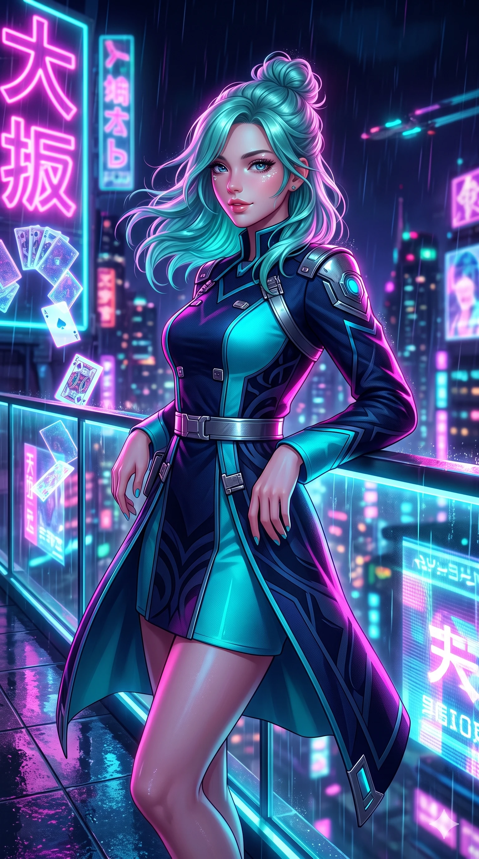 score_9, masterpiece, best quality, ultra-detailed, high-budget anime keyframe, semi-realistic 3D game render, editorial fashion photography, tasteful artistic composition, Japanese woman. close-up cowboy shot from the waist and thighs up, the character dominates the composition, filling the frame with her large presence. turning slowly with an enchanting smoldering smile, her glossy hair tossing as her hips angle gracefully in a captivating contrapposto while leaning against the glowing glass terrace railing with hips cocked back, looking through rain-slicked holographic billboard reflections with smoldering eyes. The background shows a soft-focus colossal towering neon kanji billboards, streams of holographic playing cards, and distant flying traffic blurred into magenta, electric cyan, and deep purple bokeh. She has an exceptionally elegant, slender, and willowy female figure with an ultra-slim waist, flat toned midriff, narrow ribcage, and sculpted feminine hips creating an alluring, slim hourglass silhouette without bulk. sharp v-shaped jawline, high-bridge nose, intricate jewel-like sparkling eyes with depth, thick eyelashes, glossy parted lips with a natural sheen, bright confident smile with an enchanting and coquettish sensual glint, exuding both youthful magnetic charm and sovereign high-tech allure, flawlessly proportioned anatomical accuracy, strict slender model proportions, natural body alignment, perfectly sculpted long slender limbs, ultra-slim waistline, clean dynamic posture without body distortion. wearing a prestigious diplomatic high-neck sci-fi senate coat dress in structured nano-wool with polished titanium clasp hardware in deep space navy and laser turquoise, tailored from brushed aeronautical titanium alloy with matte satin sheen, finished with polished chrome buckle hardware and modular magnetic holster clasps, the impeccably tailored cut draping gracefully along her slender figure with aristocratic poise. illuminated by terrace floor puddle reflections and sharp magenta-cyan rim lights sculpting her razor-sharp jawline, narrow waist, and curvy hips. highly saturated vibrant anime colors, detailed shading with soft gradients, rich glossy textures, high-contrast stereoscopic depth, volumetric dynamic lighting, master piece, 9:16 ratio