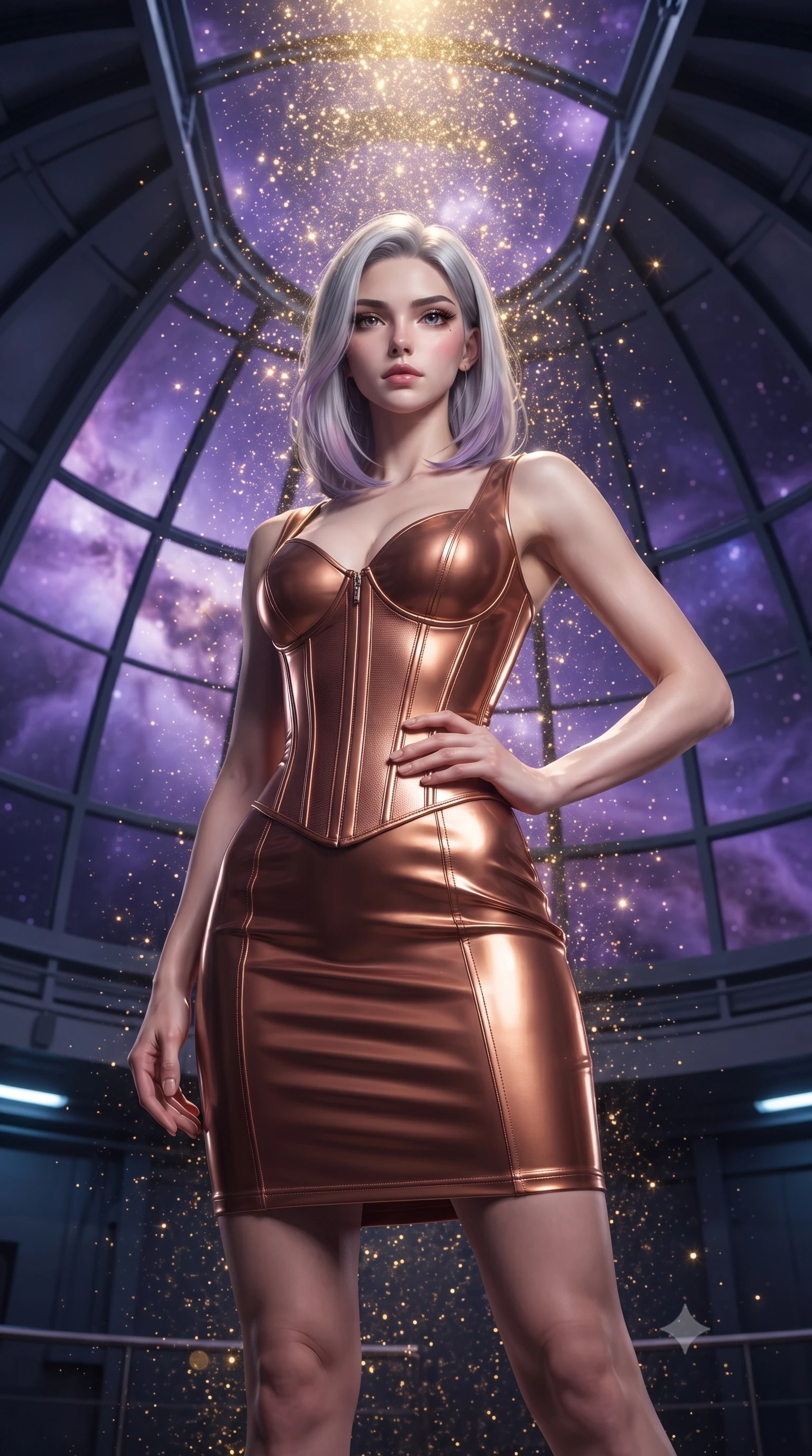 score_9, masterpiece, best quality, ultra-detailed, High-budget Anime Keyframe, editorial fashion photography, tasteful artistic composition, realistic cosplay photography, Caucasian woman, strictly human ears. Low angle cowboy shot filling the entire 9:16 frame with her statuesque presence. Scenario 485: showering under a cascade of glittering gold stardust inside a high-altitude observatory dome under a swirling violet nebula. Her presence is magnetic and overpowering in this high-budget cinematic scene. Outfit 485: a tailored metallic copper matte vinyl corset dress layered over a structured corset bodice. The clothing is designed to emphasize her exceptionally tall and slender 8-heads proportion. 8-heads proportion, towering silhouette, ultra-slim waist. sharp v-shaped jawline, intricate jewel-like eyes with depth, thick eyelashes, glossy lips. ultra-reflective glossy finish, specular highlights, metallic sheen, high-contrast stereoscopic depth, volumetric dynamic lighting, 2k, ultra detail, master piece, 9:16 ratio