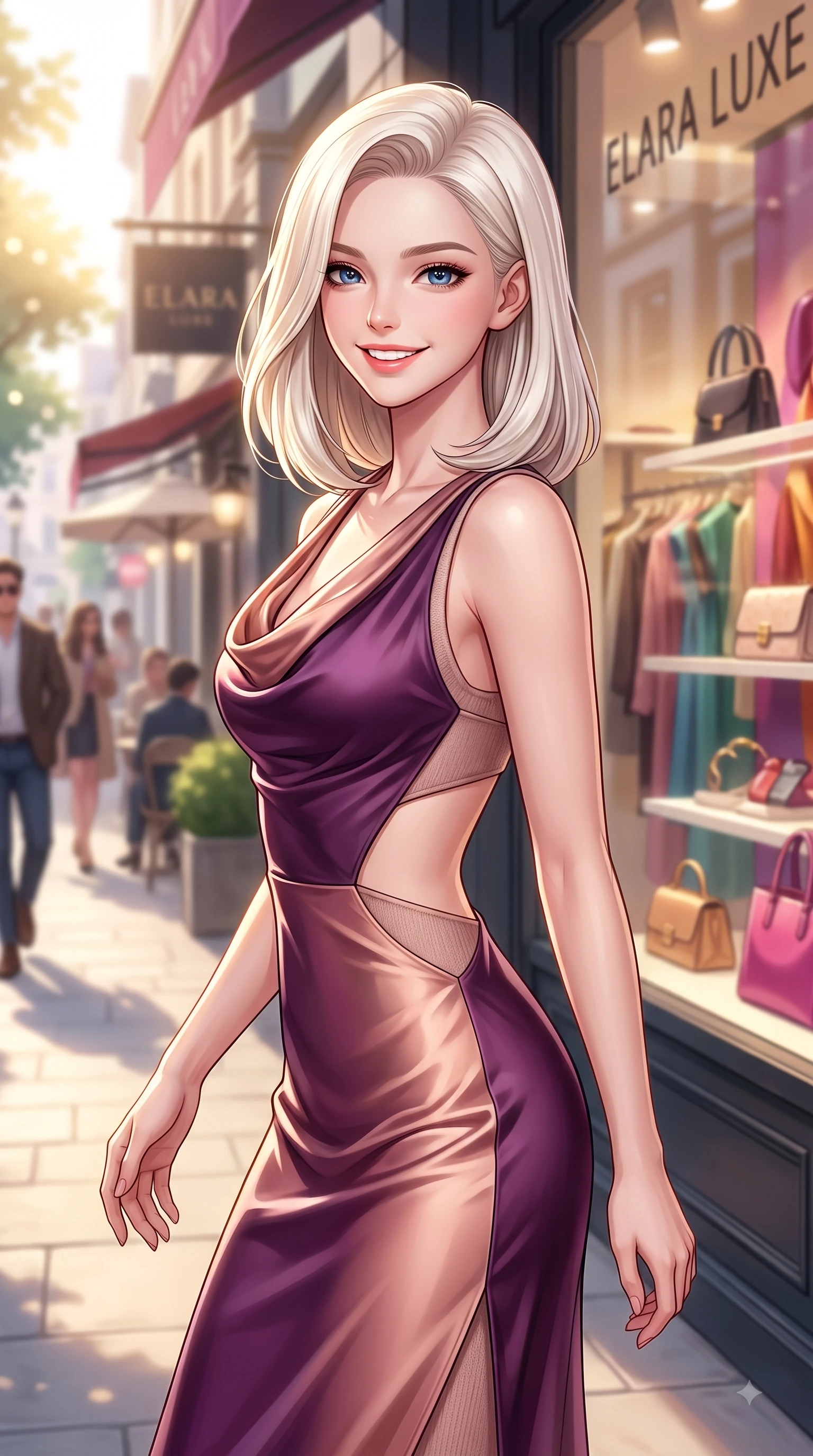 score_9, masterpiece, best quality, ultra-detailed, high-budget anime keyframe, editorial fashion photography, tasteful artistic composition, Caucasian woman. close-up cowboy shot from the waist and thighs up, the character dominates the composition, filling the frame with her large presence. Youthful bright smile exuding pure cute charm and fresh energy, her torso turning dynamically into the lens while pivoting gracefully outside a luxury fashion popup store with a captivating bright smile. The composition keeps background elements in soft focus with dreamy bokeh. vibrant shop displays and golden afternoon light scattering into a soft-focus backdrop. She has an exceptionally elegant, slender, and willowy female figure with an ultra-slim waist, a gracefully sculpted slender torso, and a refined silhouette. sharp v-shaped jawline, high-bridge nose, intricate jewel-like eyes with depth, thick eyelashes, glossy lips with a natural sheen, flawlessly proportioned anatomical accuracy, natural body alignment, perfectly sculpted elegant limbs, clean dynamic posture without body distortion. wearing an elegant cowl-neck silk satin midi dress with a graceful draped neckline in rich plum purple and rose gold, knitted from soft cozy cashmere yarn, complemented by clean architectural cutouts along her slender torso, the form-contouring material highlighting her ultra-slim waist and long lines. surrounded by a lively, stylish, and fresh city atmosphere. highly saturated vibrant anime colors, detailed shading with soft gradients, rich glossy textures, high-contrast stereoscopic depth, volumetric dynamic lighting, master piece, 9:16 ratio