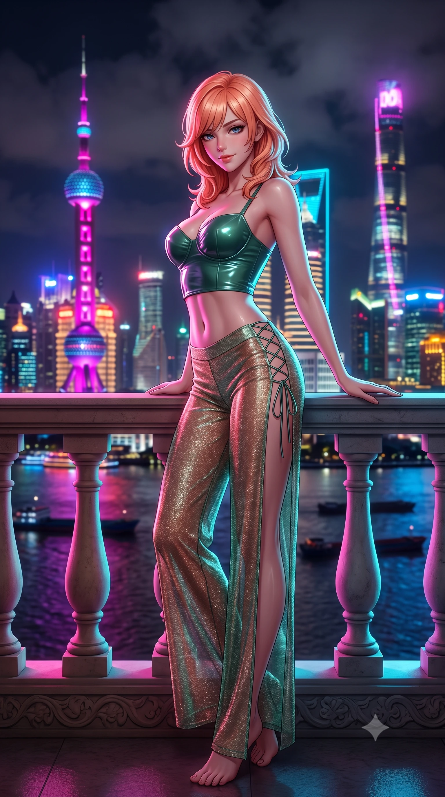 score_9, masterpiece, best quality, ultra-detailed, high-budget anime keyframe, semi-realistic 3D game render, editorial fashion photography, tasteful artistic composition, Japanese woman. low angle full-body shot from head to toe showing her feet, filling the entire 9:16 vertical frame with her statuesque presence, stretching her vertical silhouette. leaning deep against the balcony balustrade with hips cocked back in an unapologetically alluring high-fashion stance, casting an intoxicating glance while twisting her slender torso in an alluring contrapposto stance, vibrant magenta and electric cyan skyscraper lights tracing her flat midriff and curvy hips. The background shows a soft-focus monumental Oriental Pearl Tower and Shanghai Tower glowing with neon animations, cruising river barges on the dark Huangpu River, and low night clouds blurred into magenta, cyan, and amber bokeh. She has an absolutely perfect, statuesque 8.5-heads proportion, an exceptionally tall and slender model-like female figure with impossibly long slender legs, an ultra-slim waist, a flat toned midriff, narrow delicate ribcage, and beautifully sculpted feminine hips creating a graceful, slim hourglass silhouette without any bulky heaviness. sharp v-shaped jawline, high-bridge nose, sparkling eyes with hypnotic seductive depth, thick curled eyelashes, glossy parted lips with a natural dewy peach sheen, alluring bedroom-eyes with an enchanting coquettish smile, exuding magnetic siren charisma and sophisticated glamour, flawlessly proportioned anatomical accuracy, strict slender model proportions, natural body alignment, perfectly sculpted long slender limbs, ultra-slim waistline, clean dynamic posture without body distortion. wearing a wet-look form-fitting vinyl bustier paired with sheer chiffon high-slit wide-leg trousers in Moroccan mint green and hammered copper, woven from stretch metallic lurex jersey casting radiant starlight glints across her silhouette, featuring fine criss-cross lace-up side ties revealing tantalizing glimpses of her hip curve, the second-skin tailored fabric adhering flawlessly to her sculpted flat midriff and slender torso, emphasizing her long leg lines and perfectly proportioned willowy build. bathed in dynamic multi-color saturated neon spill from towering Pudong LED facades mixed with warm terrace floor uplighting. highly saturated vibrant anime colors, detailed shading with soft gradients, rich glossy textures, high-contrast stereoscopic depth, volumetric dynamic lighting, master piece, 9:16 ratio